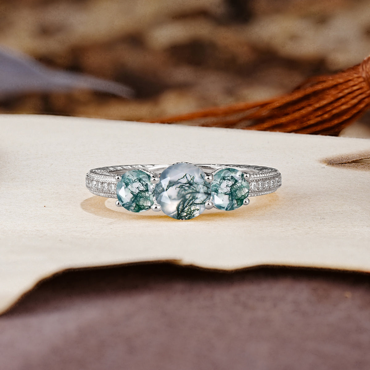 Classic Simplicity 4-Prong Round Cut Moss Agate Three Stones Wedding Ring - Additional view