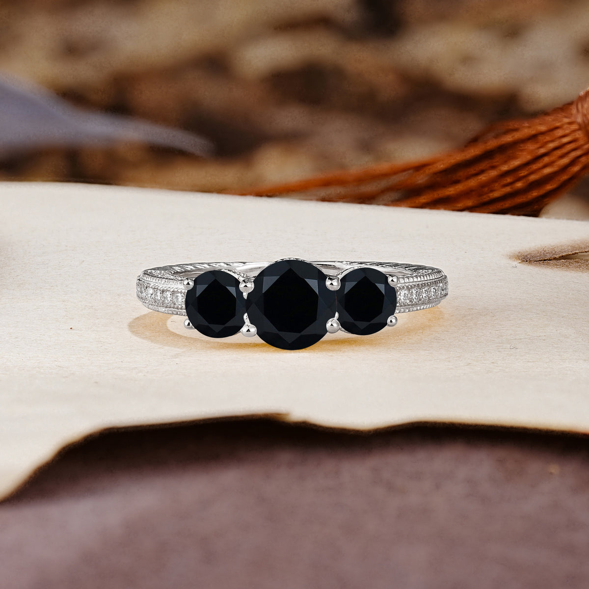 Classic Simplicity 4-Prong Round Cut Black Onyx Three Stones Wedding Ring - Additional view