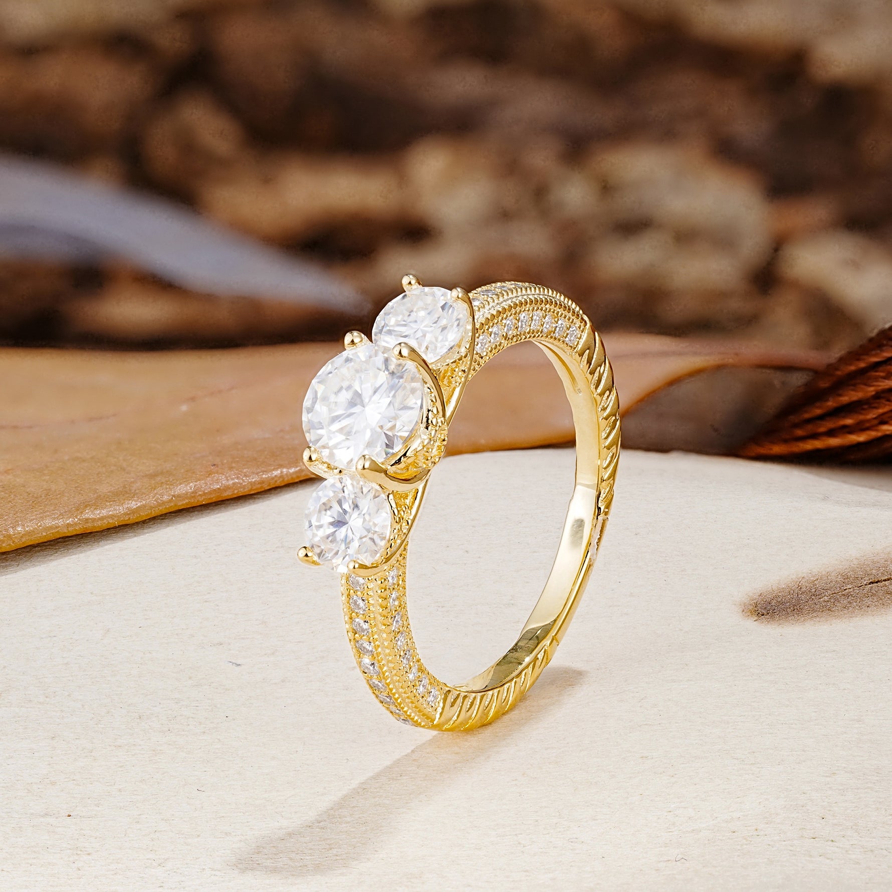 Classic Simplicity 4-Prong Round Cut Moissanite Three Stones Wedding Ring - Additional view