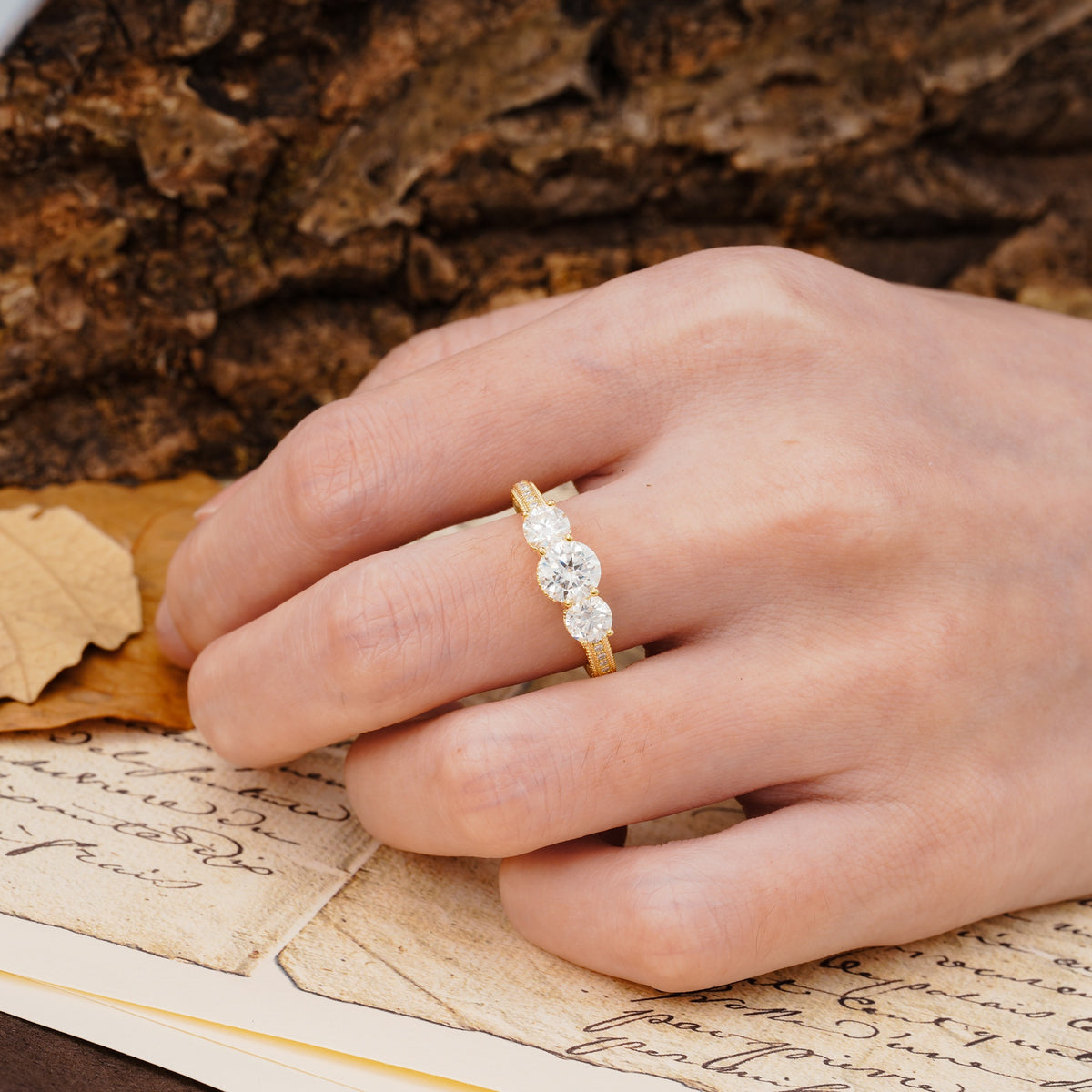 Classic Simplicity 4-Prong Round Cut Moissanite Three Stones Wedding Ring - Additional view