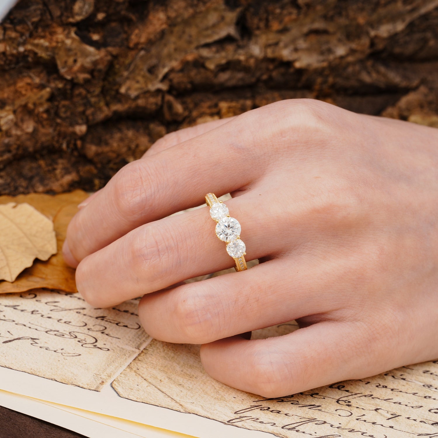 Classic Simplicity 4-Prong Round Cut Moissanite Three Stones Wedding Ring - Additional view