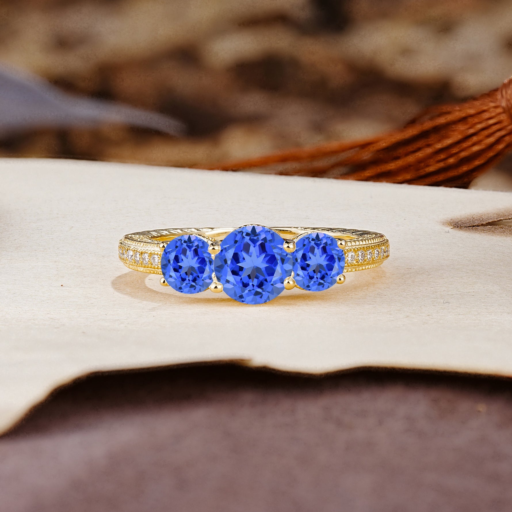 Classic Simplicity 4-Prong Round Cut Sapphire Three Stones Wedding Ring - Additional view