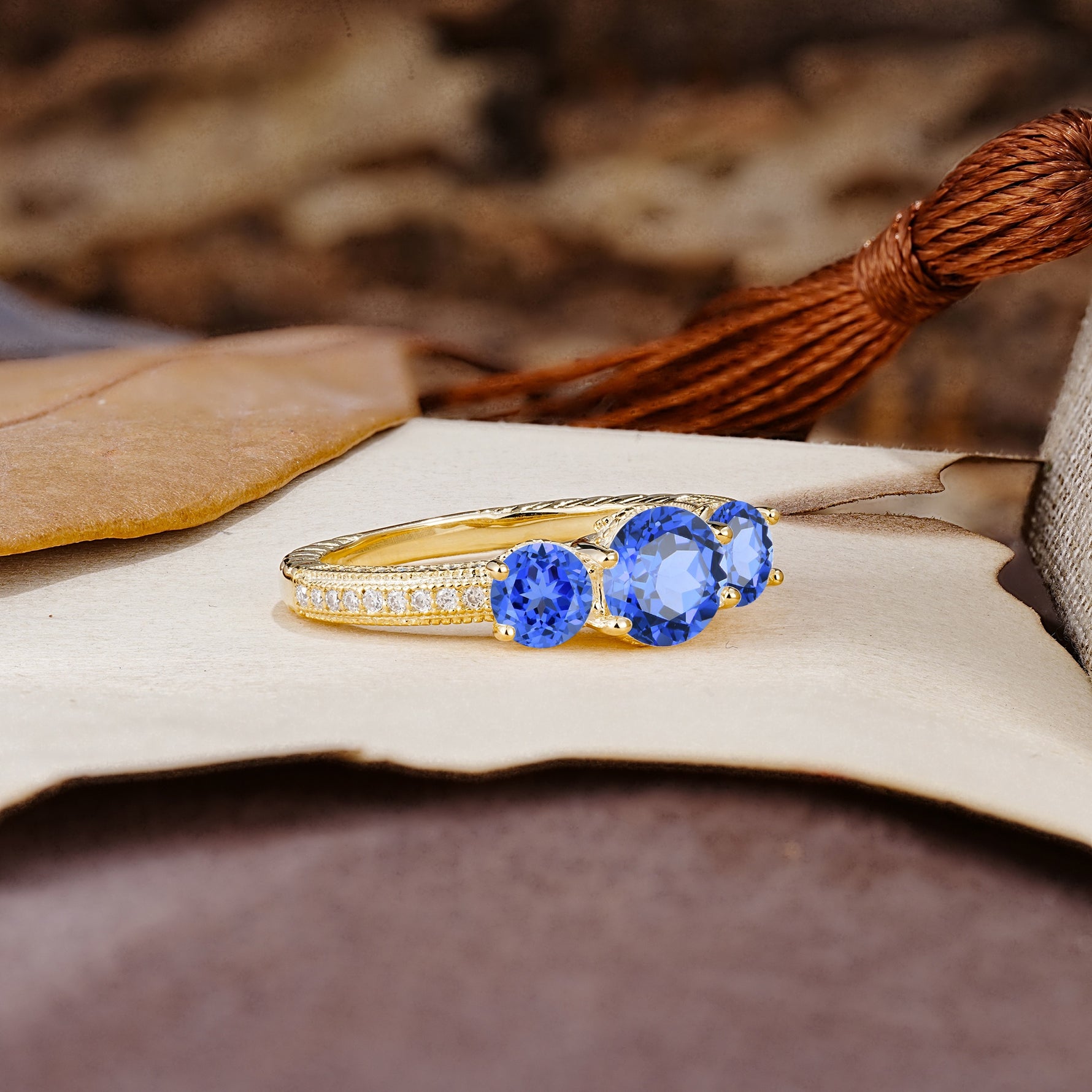 Classic Simplicity 4-Prong Round Cut Sapphire Three Stones Wedding Ring - Additional view