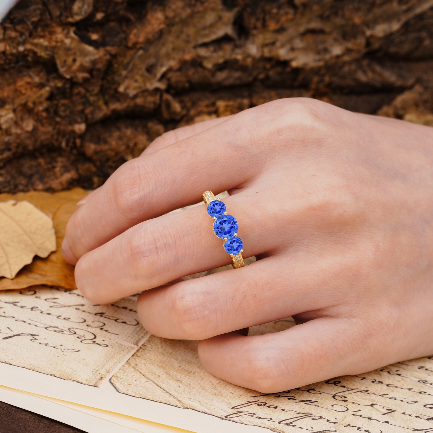 Classic Simplicity 4-Prong Round Cut Sapphire Three Stones Wedding Ring - Additional view