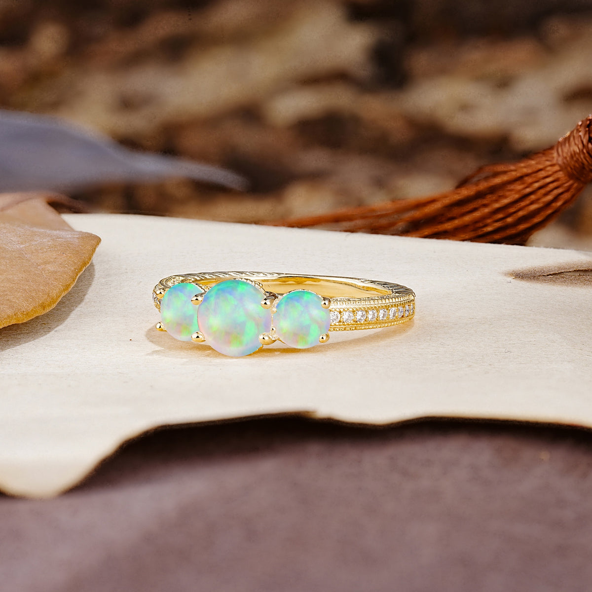 Classic Simplicity 4-Prong Round Cut Fire Opal Three Stones Wedding Ring - Additional view