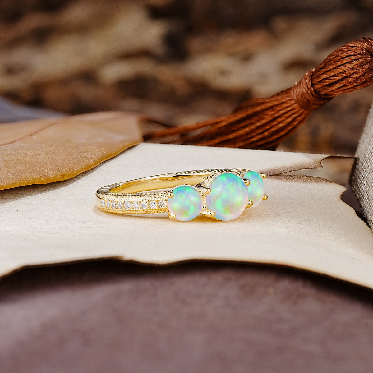 Classic Simplicity 4-Prong Round Cut Fire Opal Three Stones Wedding Ring - Additional view