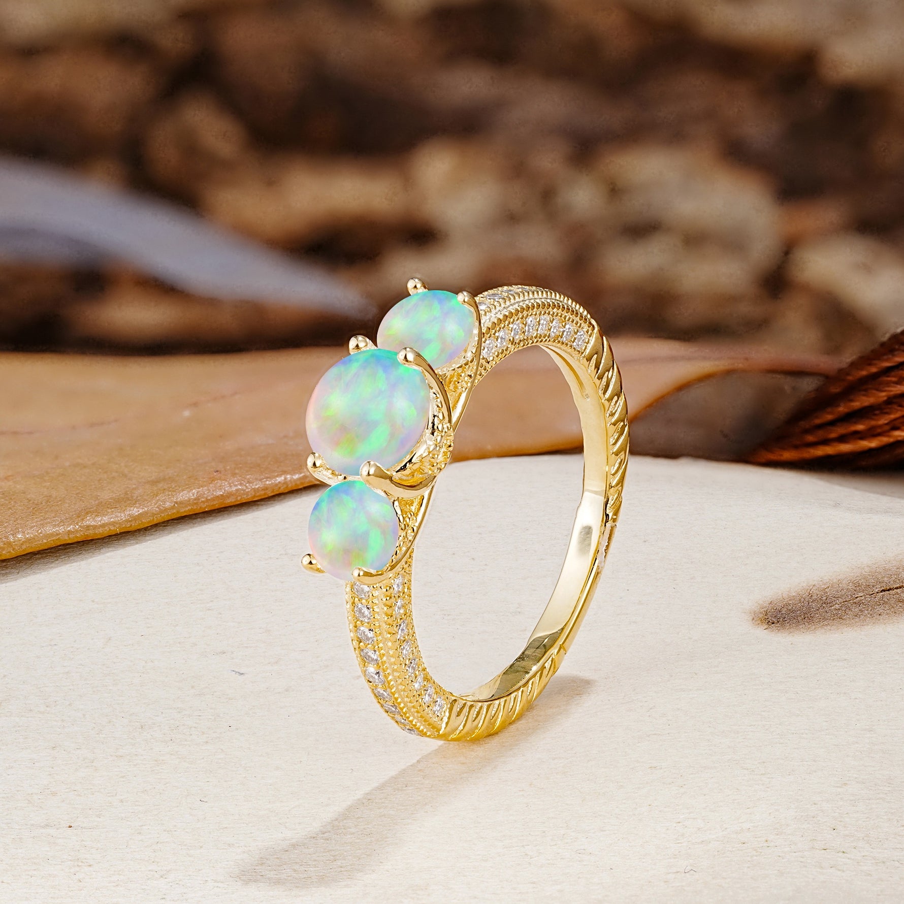 Classic Simplicity 4-Prong Round Cut Fire Opal Three Stones Wedding Ring - Additional view