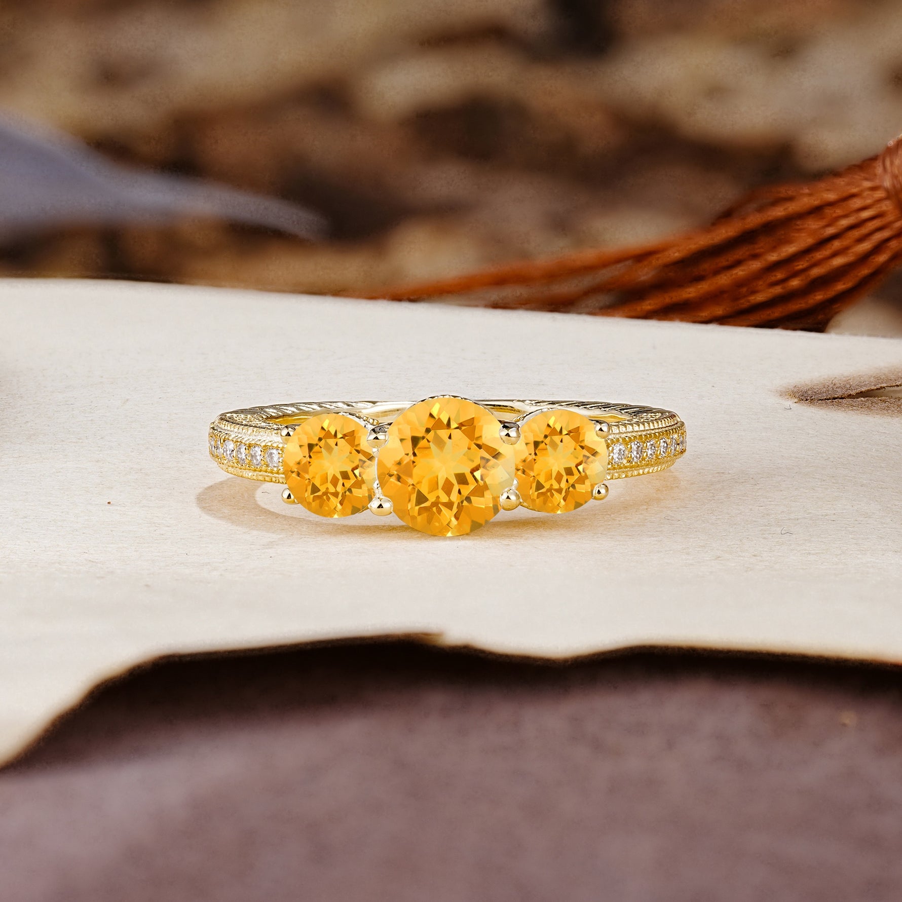 Classic Simplicity 4-Prong Round Cut Citrine Three Stones Wedding Ring - Additional view