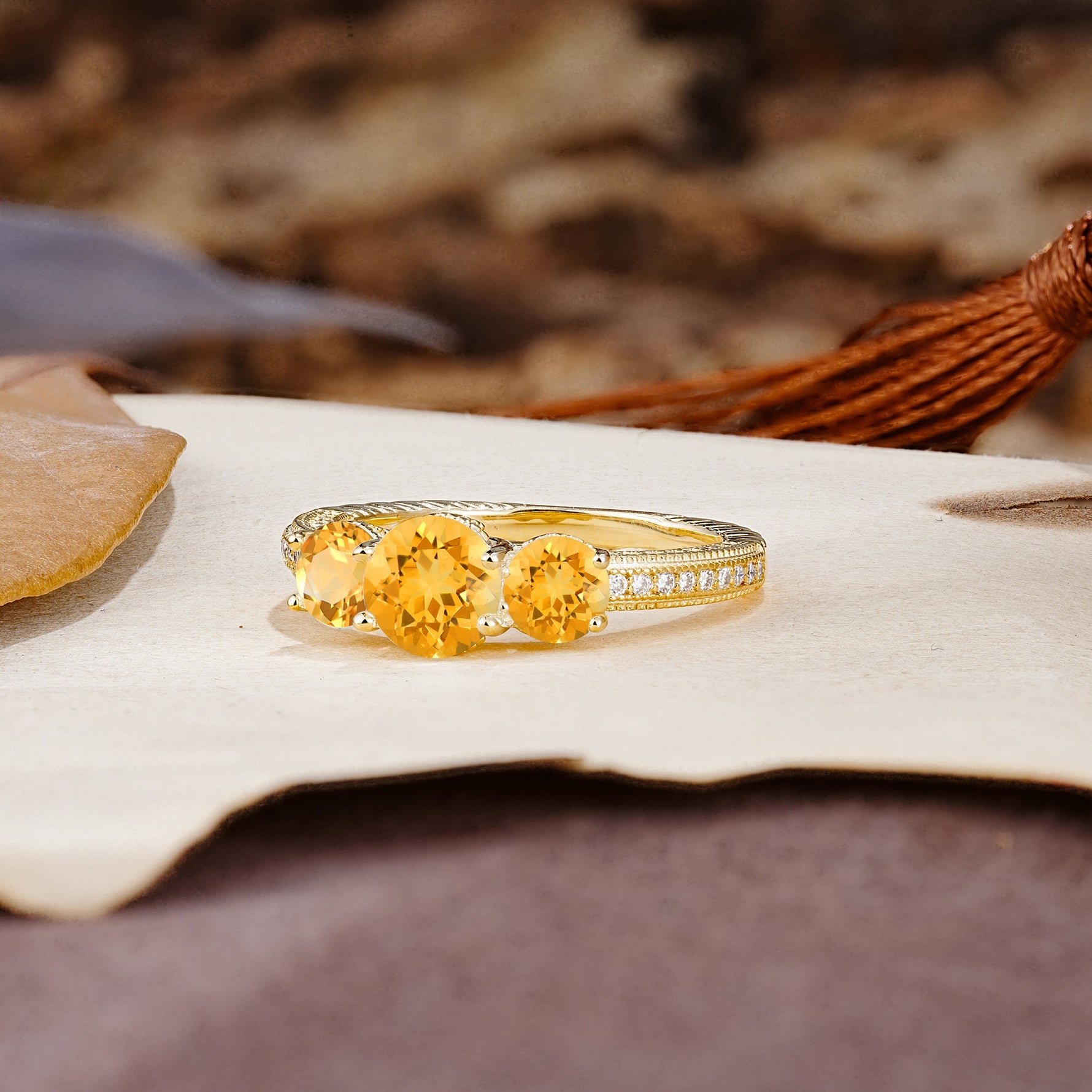 Classic Simplicity 4-Prong Round Cut Citrine Three Stones Wedding Ring - Additional view