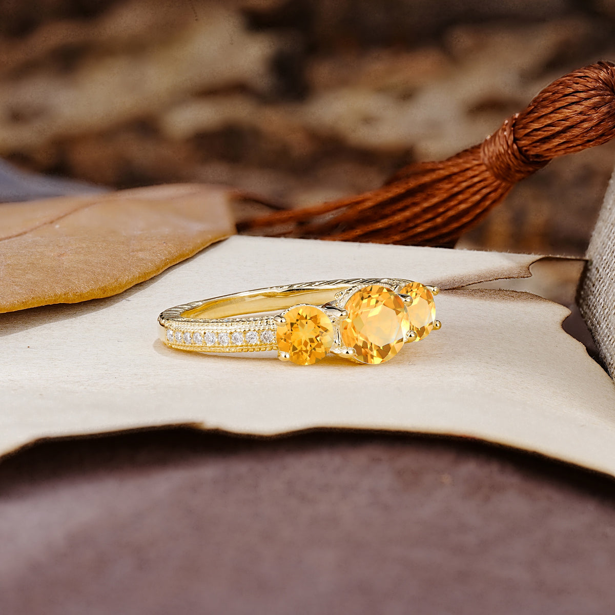 Classic Simplicity 4-Prong Round Cut Citrine Three Stones Wedding Ring - Additional view