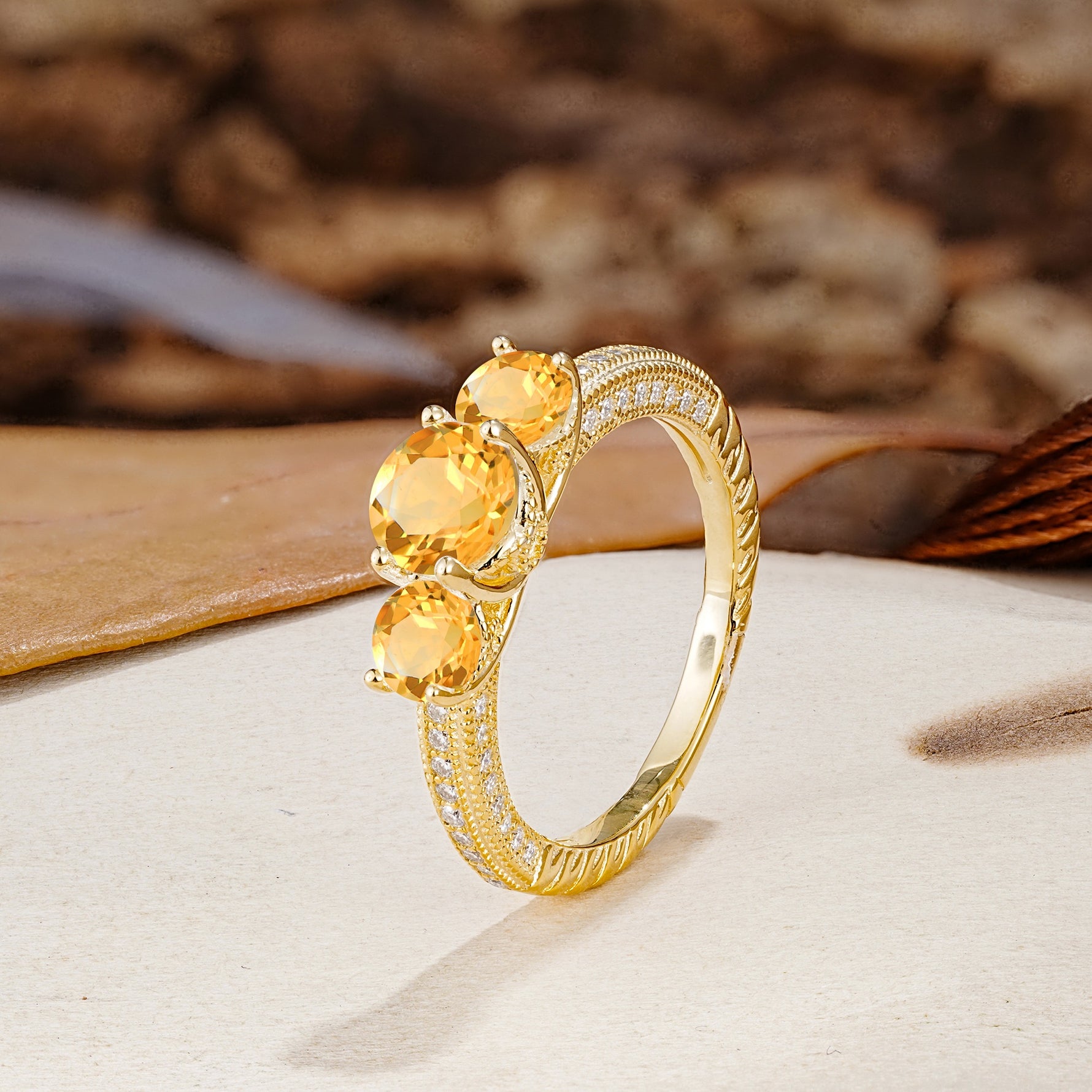 Classic Simplicity 4-Prong Round Cut Citrine Three Stones Wedding Ring - Additional view