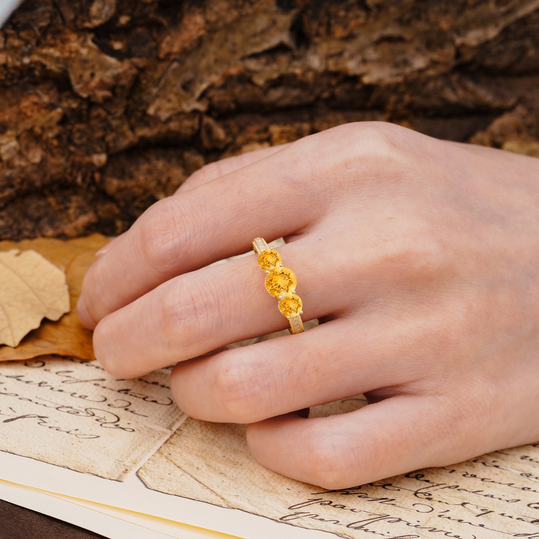 Classic Simplicity 4-Prong Round Cut Citrine Three Stones Wedding Ring - Additional view