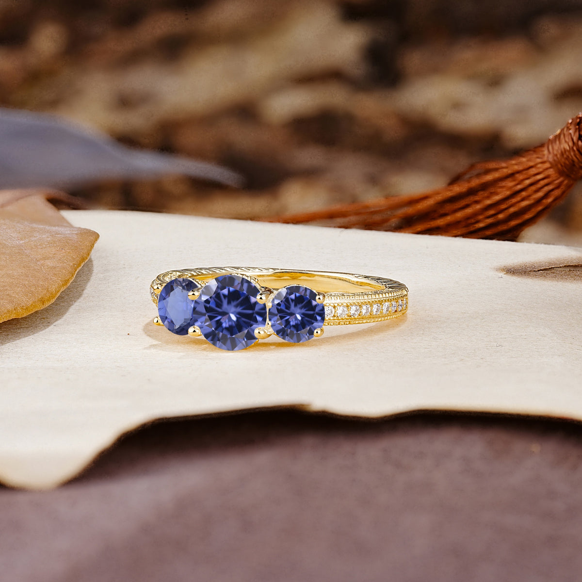 Classic Simplicity 4-Prong Round Cut Tanzanite Three Stones Wedding Ring - Additional view