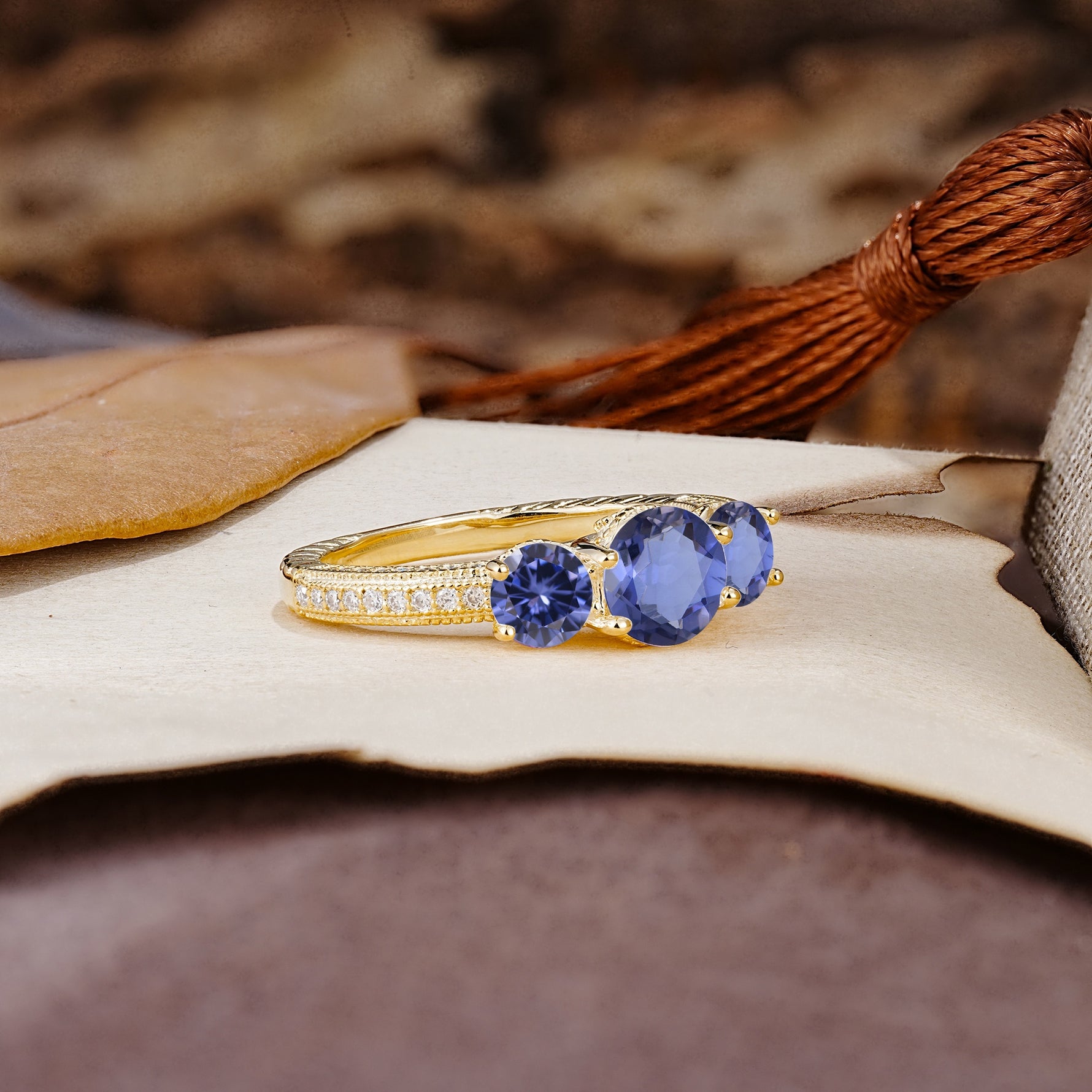 Classic Simplicity 4-Prong Round Cut Tanzanite Three Stones Wedding Ring - Additional view