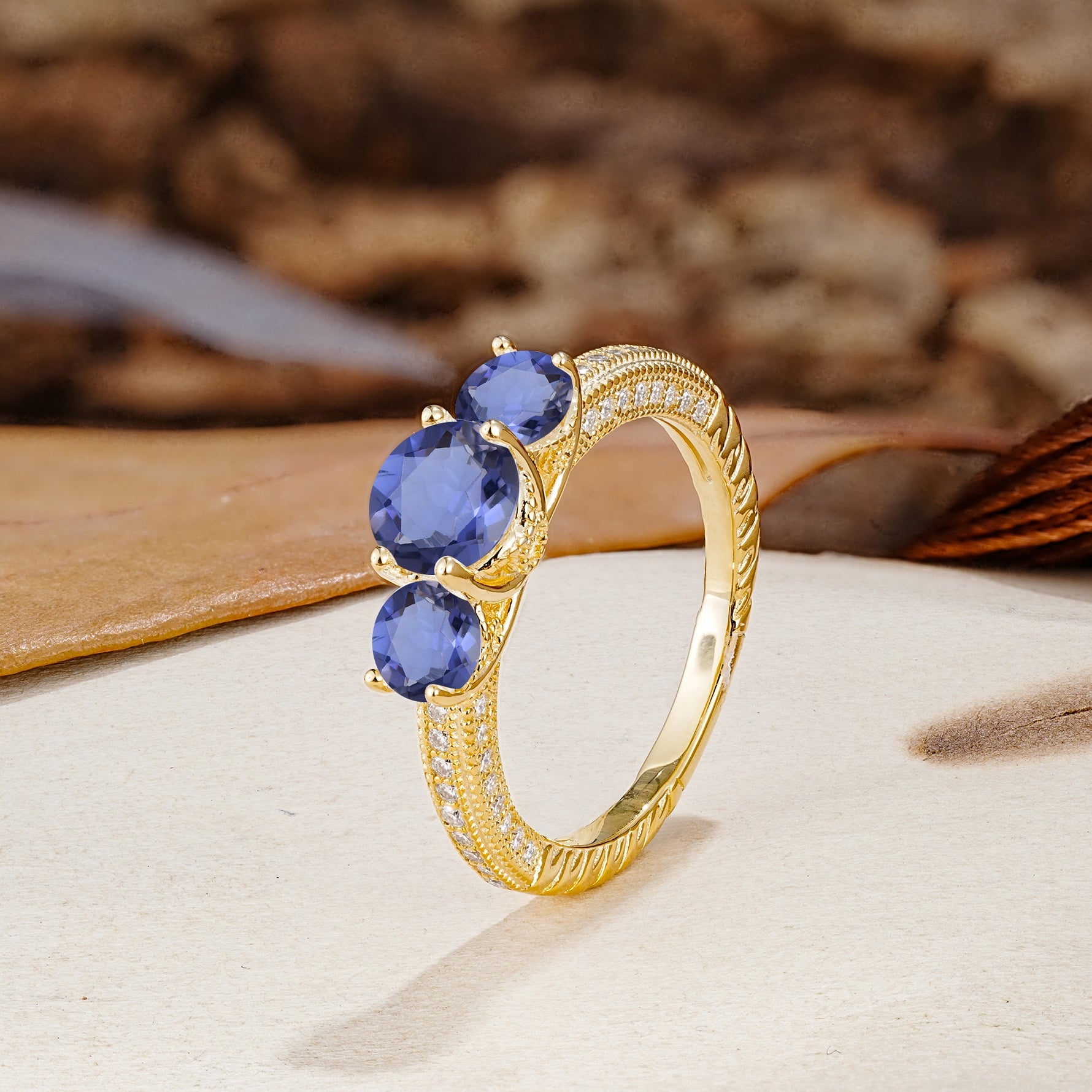 Classic Simplicity 4-Prong Round Cut Tanzanite Three Stones Wedding Ring - Additional view