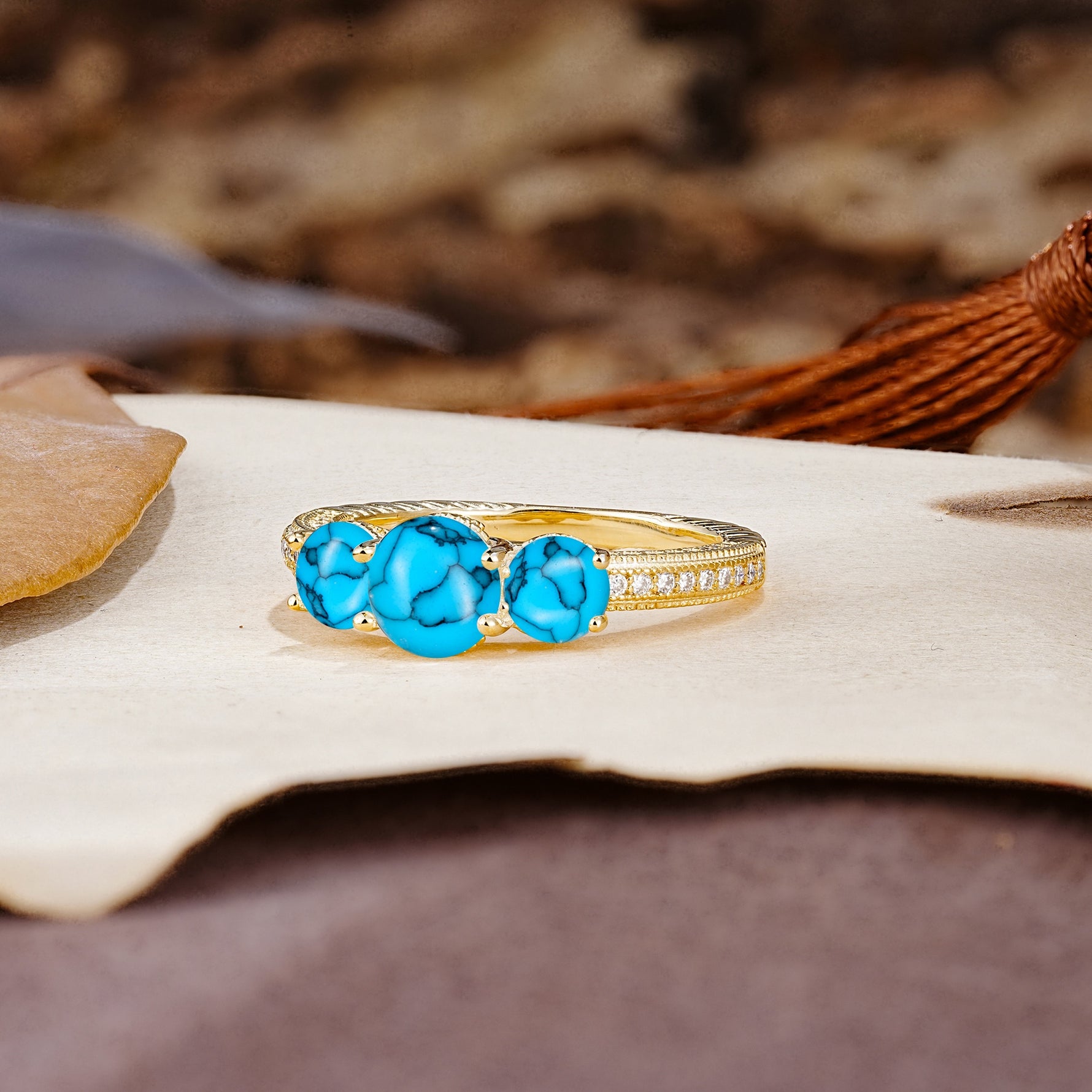 Classic Simplicity 4-Prong Round Cut Turquoise Three Stones Wedding Ring - Additional view