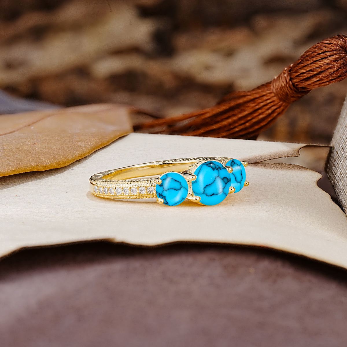 Classic Simplicity 4-Prong Round Cut Turquoise Three Stones Wedding Ring - Additional view