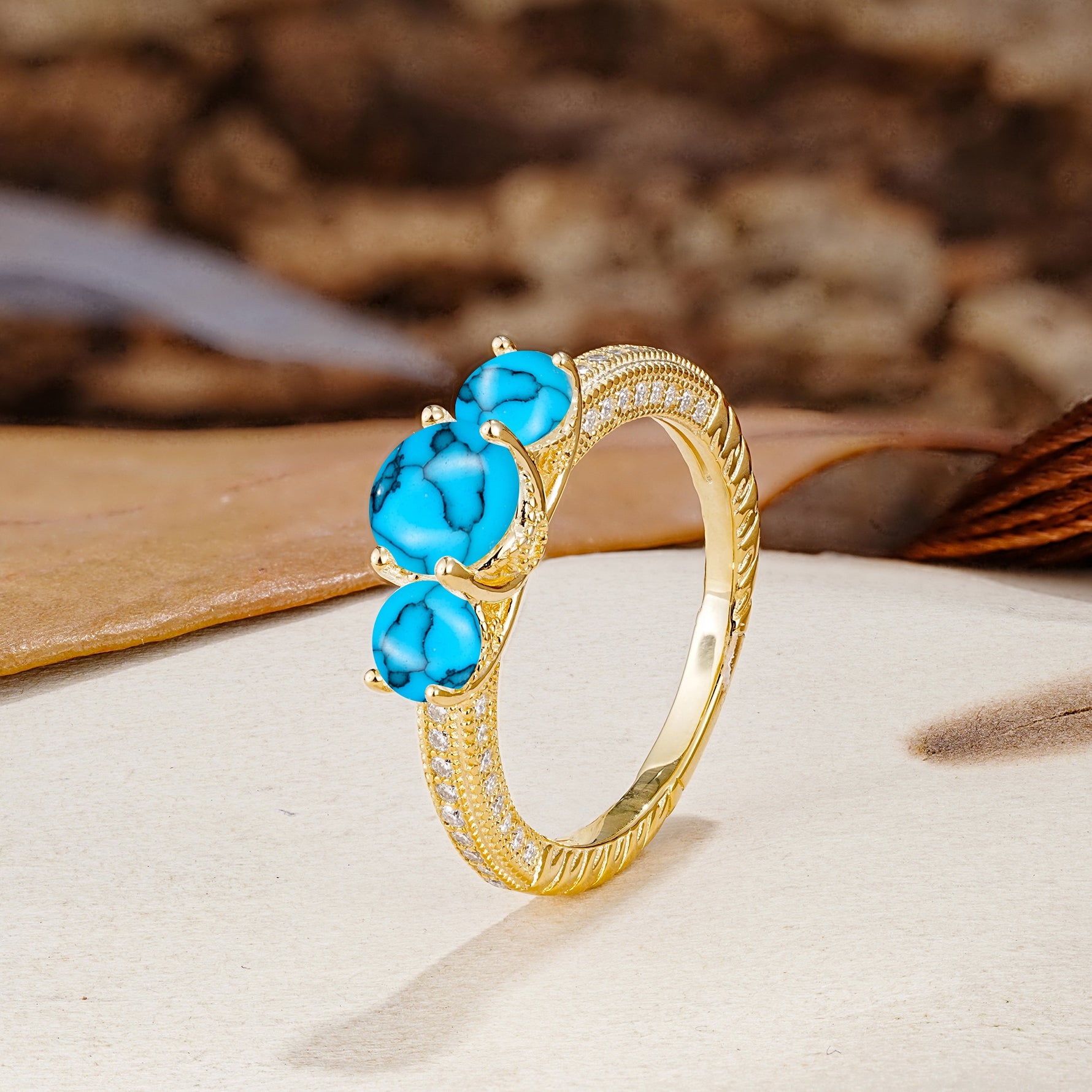 Classic Simplicity 4-Prong Round Cut Turquoise Three Stones Wedding Ring - Additional view