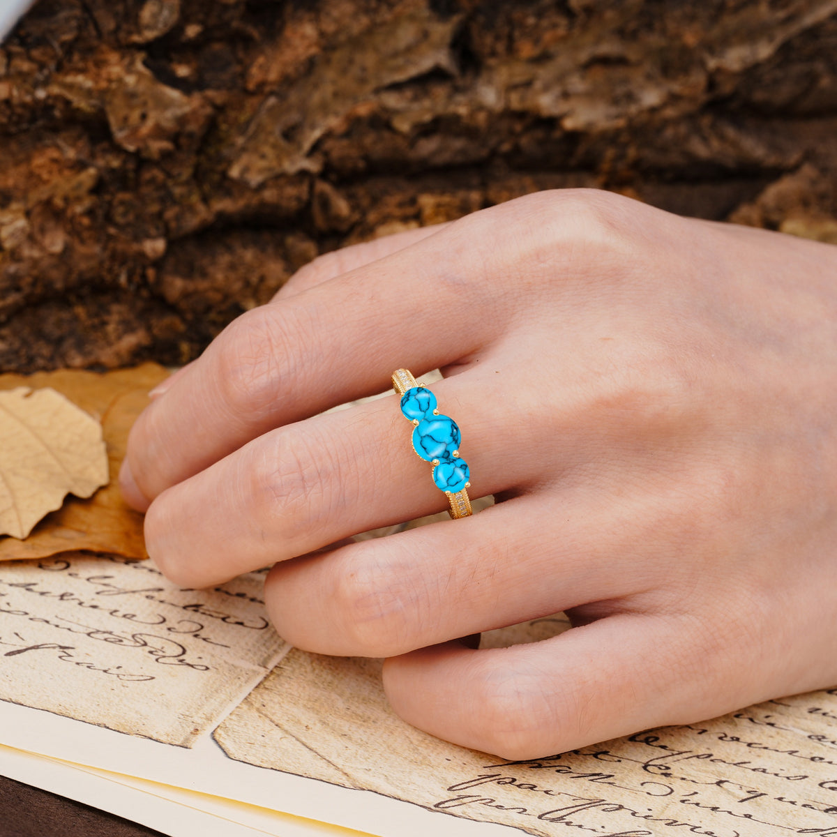 Classic Simplicity 4-Prong Round Cut Turquoise Three Stones Wedding Ring - Additional view