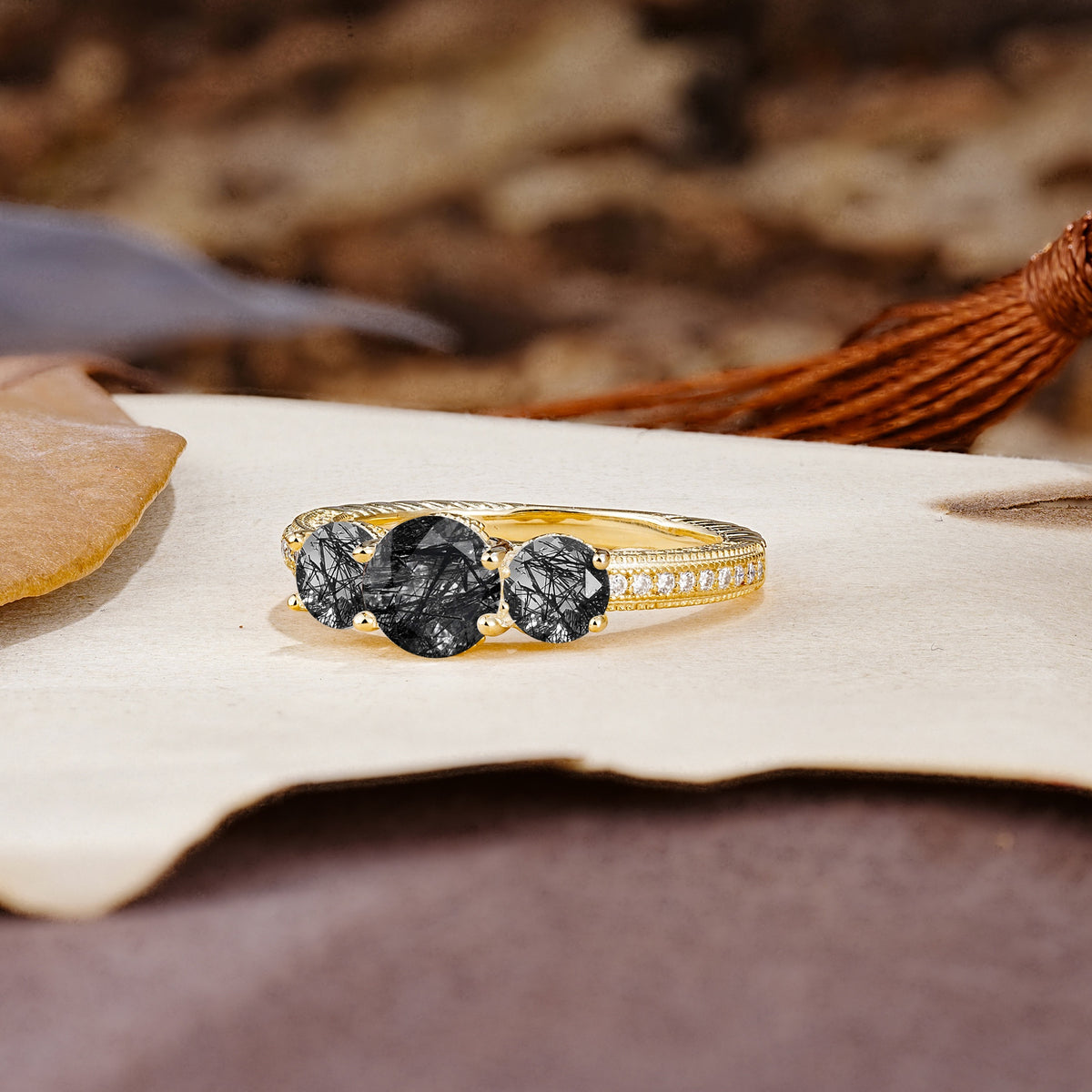 Classic Simplicity 4-Prong Round Cut Black Rutilated Quartz Three Stones Wedding Ring - Additional view