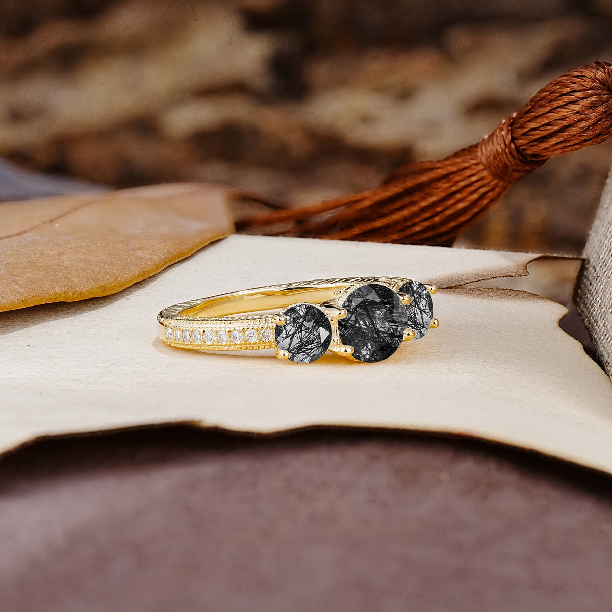 Classic Simplicity 4-Prong Round Cut Black Rutilated Quartz Three Stones Wedding Ring - Additional view