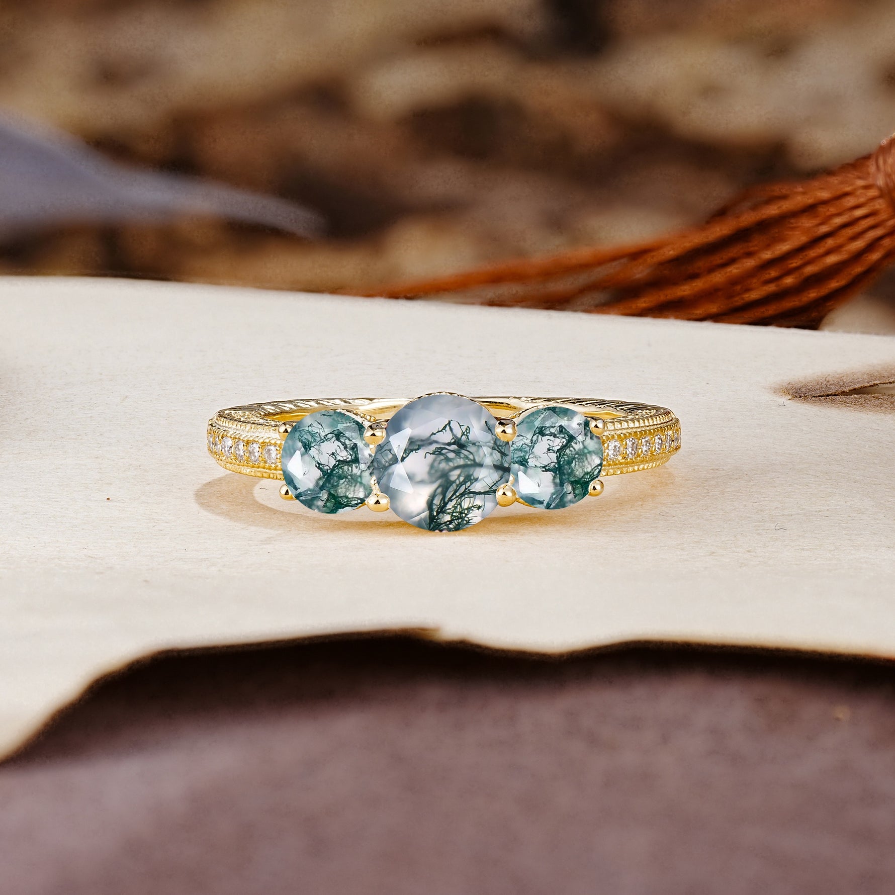 Classic Simplicity 4-Prong Round Cut Moss Agate Three Stones Wedding Ring - Additional view