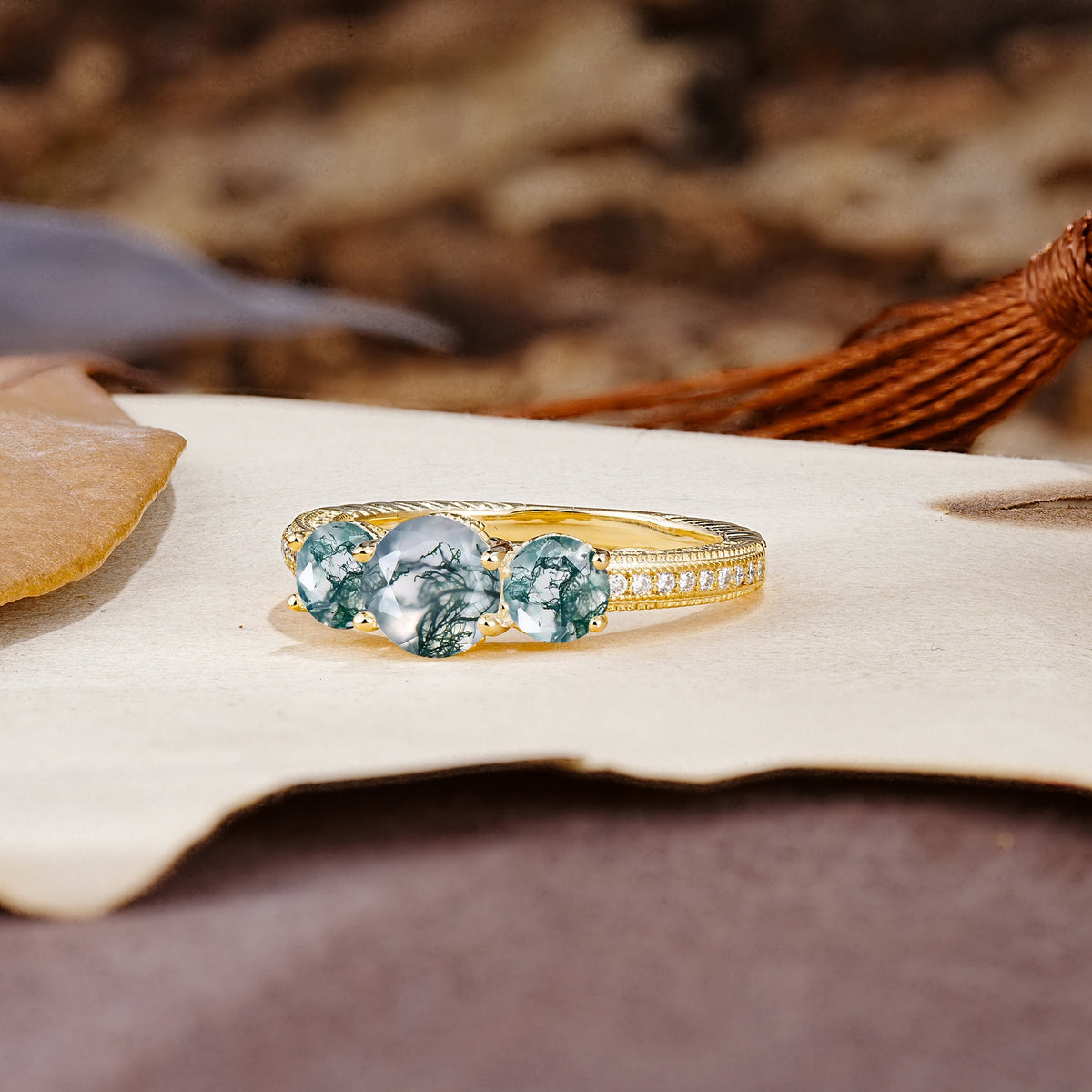 Classic Simplicity 4-Prong Round Cut Moss Agate Three Stones Wedding Ring - Additional view