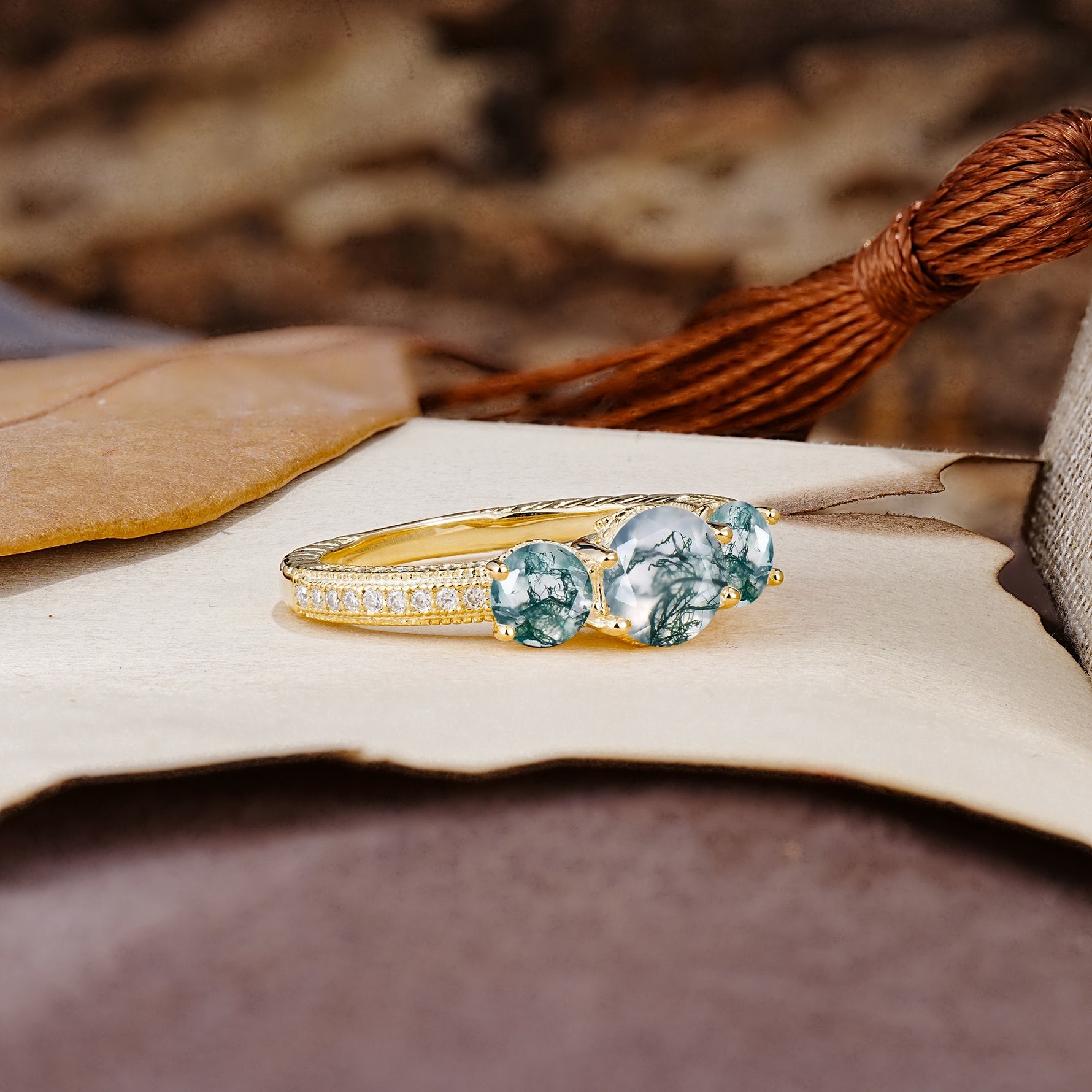 Classic Simplicity 4-Prong Round Cut Moss Agate Three Stones Wedding Ring - Additional view