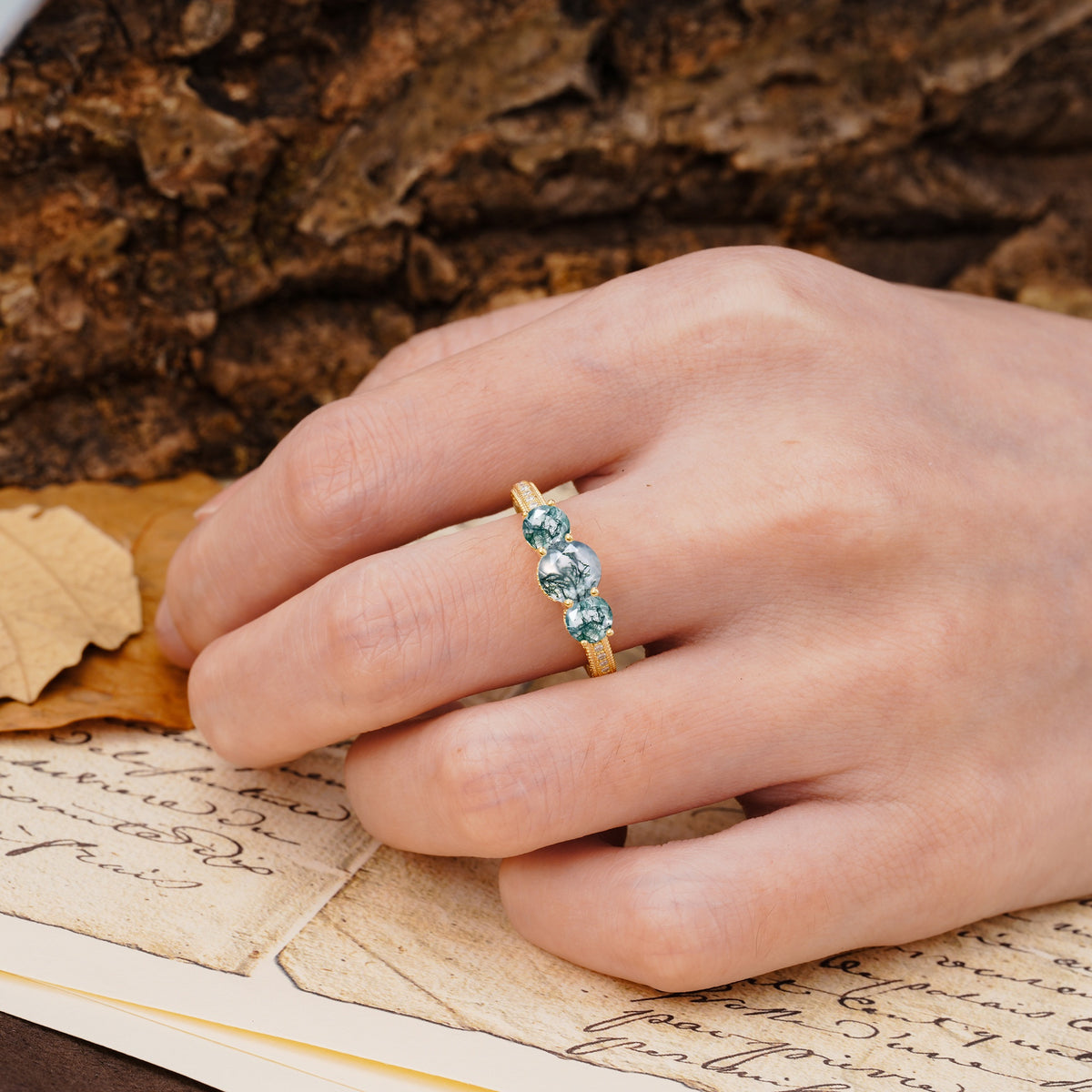 Classic Simplicity 4-Prong Round Cut Moss Agate Three Stones Wedding Ring - Additional view