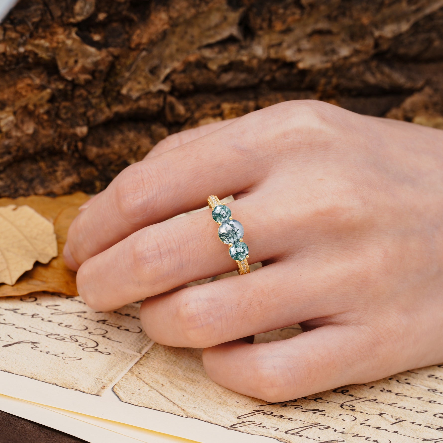 Classic Simplicity 4-Prong Round Cut Moss Agate Three Stones Wedding Ring - Additional view
