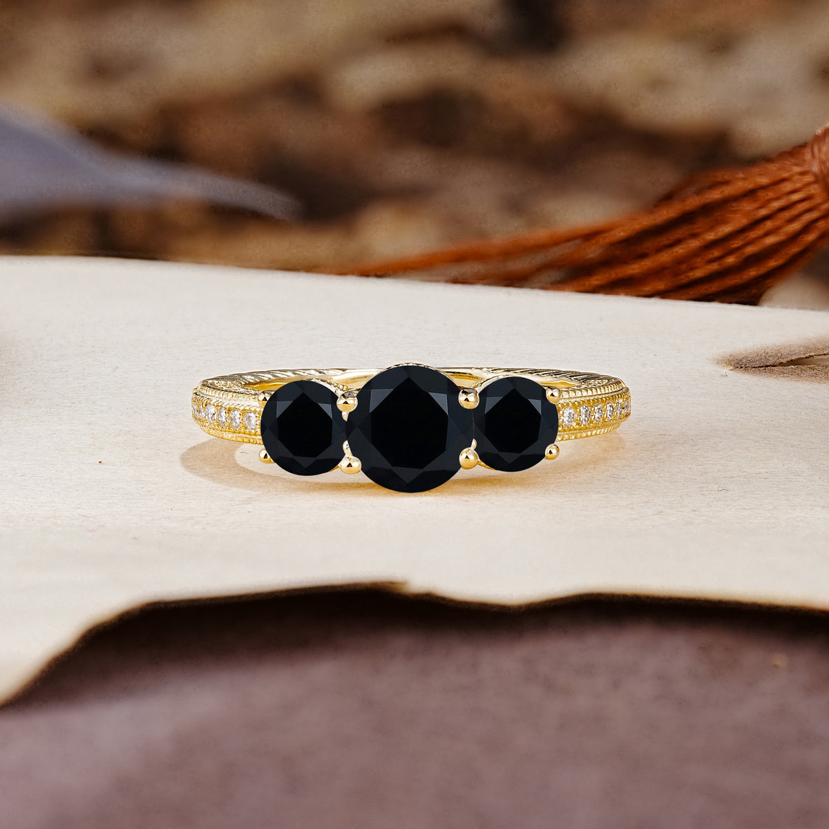 Classic Simplicity 4-Prong Round Cut Black Onyx Three Stones Wedding Ring - Additional view