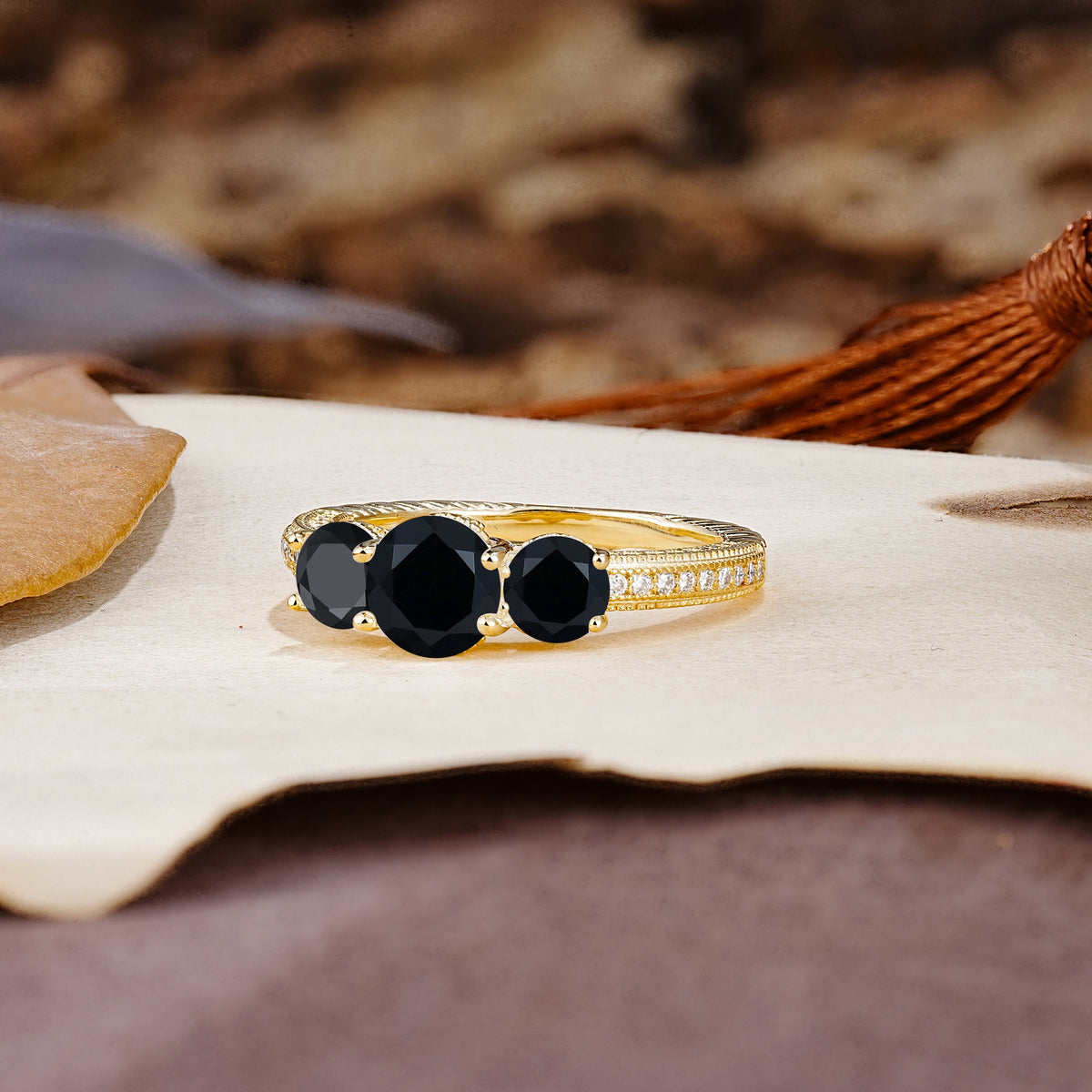 Classic Simplicity 4-Prong Round Cut Black Onyx Three Stones Wedding Ring - Additional view