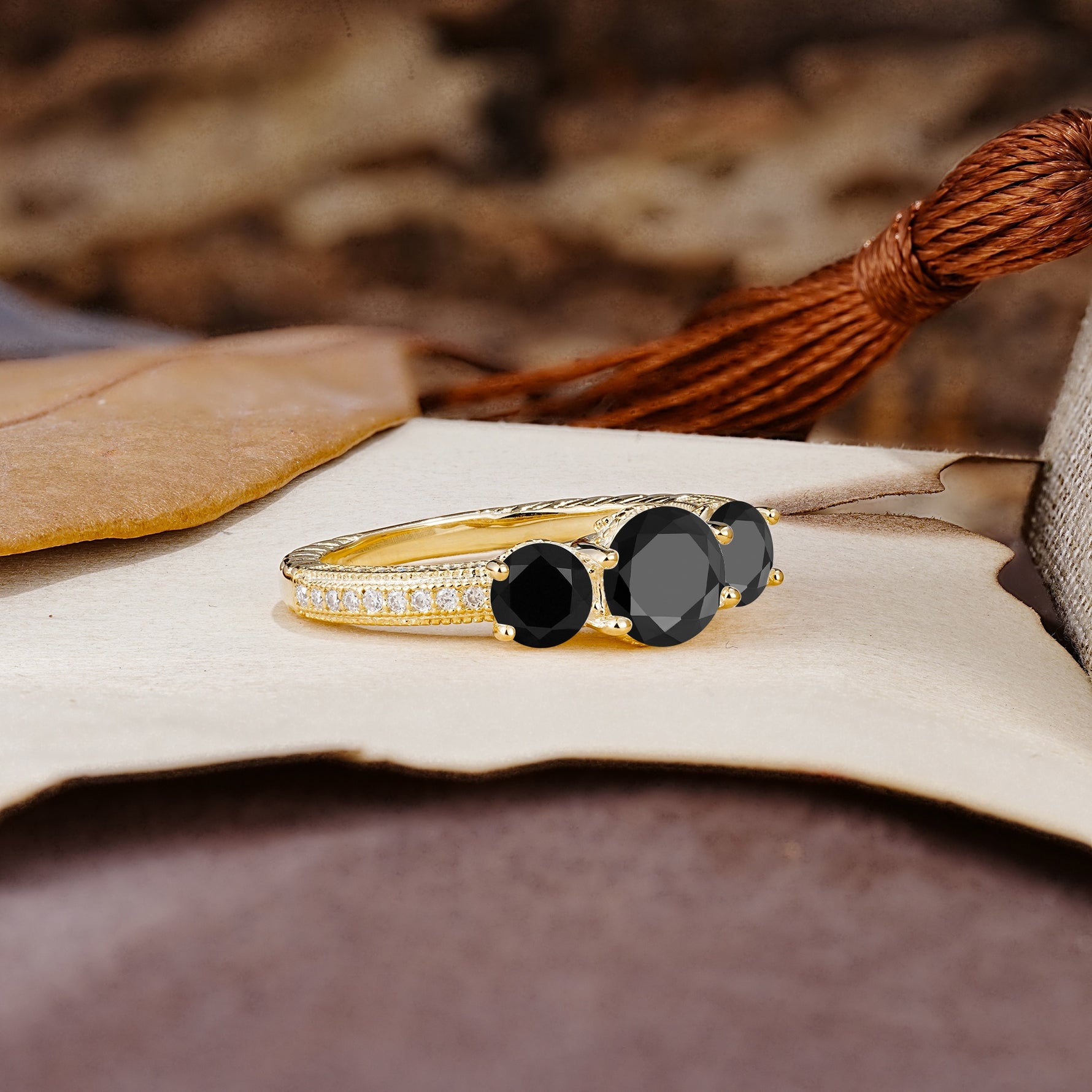 Classic Simplicity 4-Prong Round Cut Black Onyx Three Stones Wedding Ring - Additional view