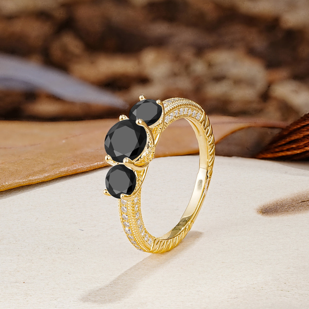 Classic Simplicity 4-Prong Round Cut Black Onyx Three Stones Wedding Ring - Additional view