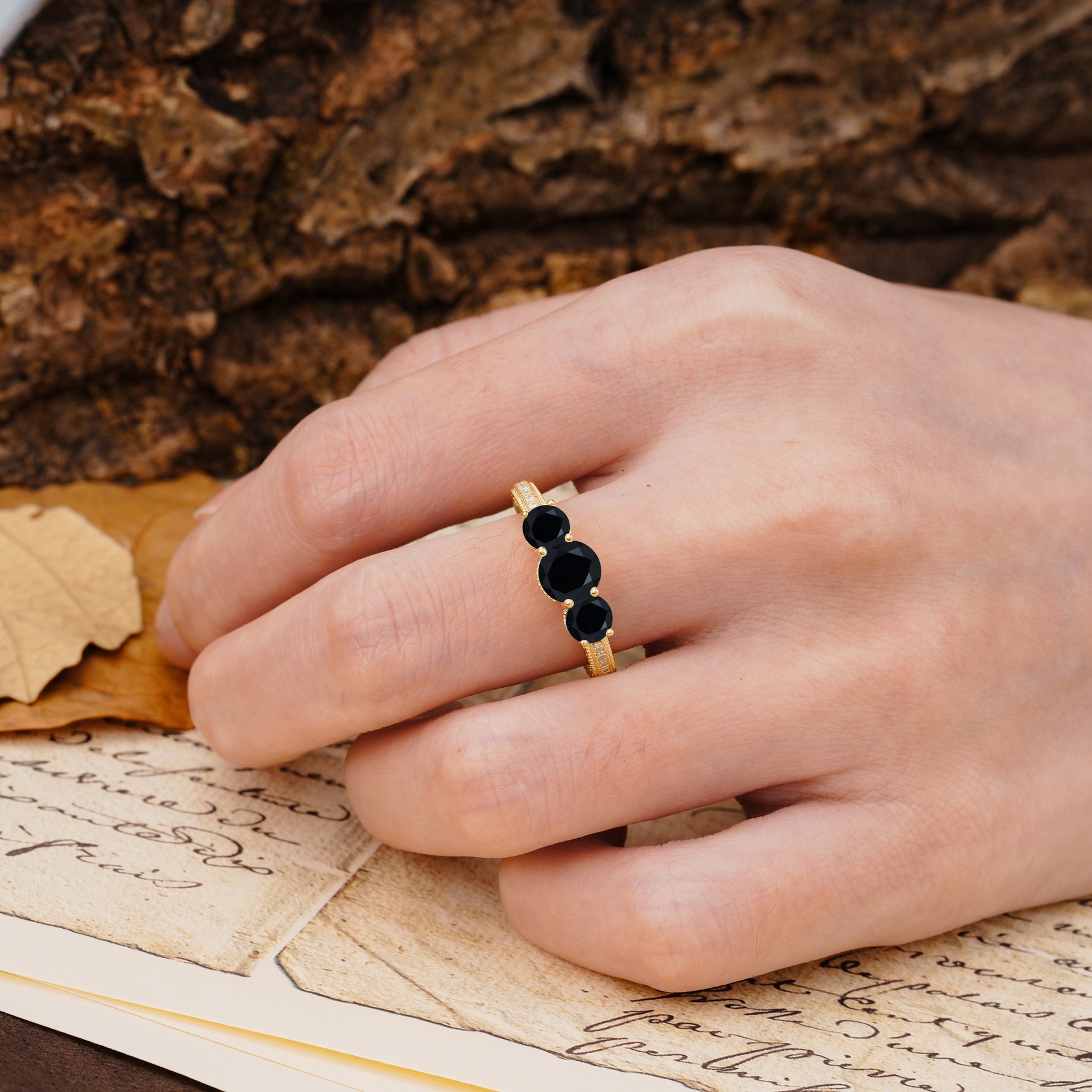 Classic Simplicity 4-Prong Round Cut Black Onyx Three Stones Wedding Ring - Additional view