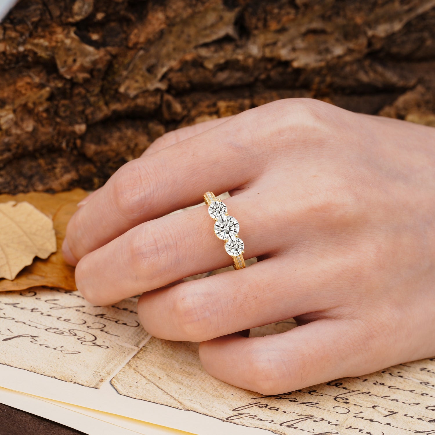 Classic Simplicity 4-Prong Round Cut Lab Diamond Three Stones Wedding Ring - Additional view