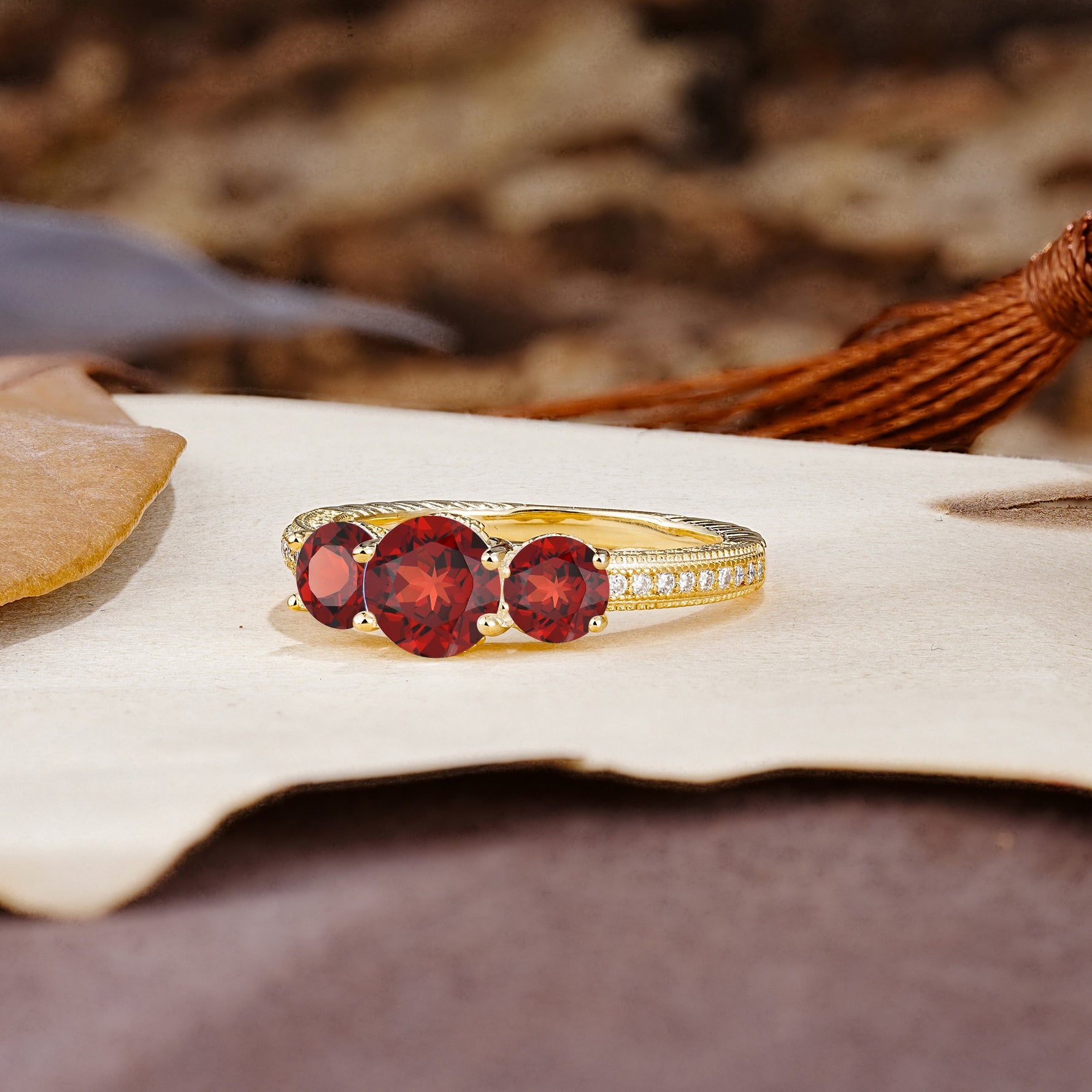 Classic Simplicity 4-Prong Round Cut Garnet Three Stones Wedding Ring - Additional view