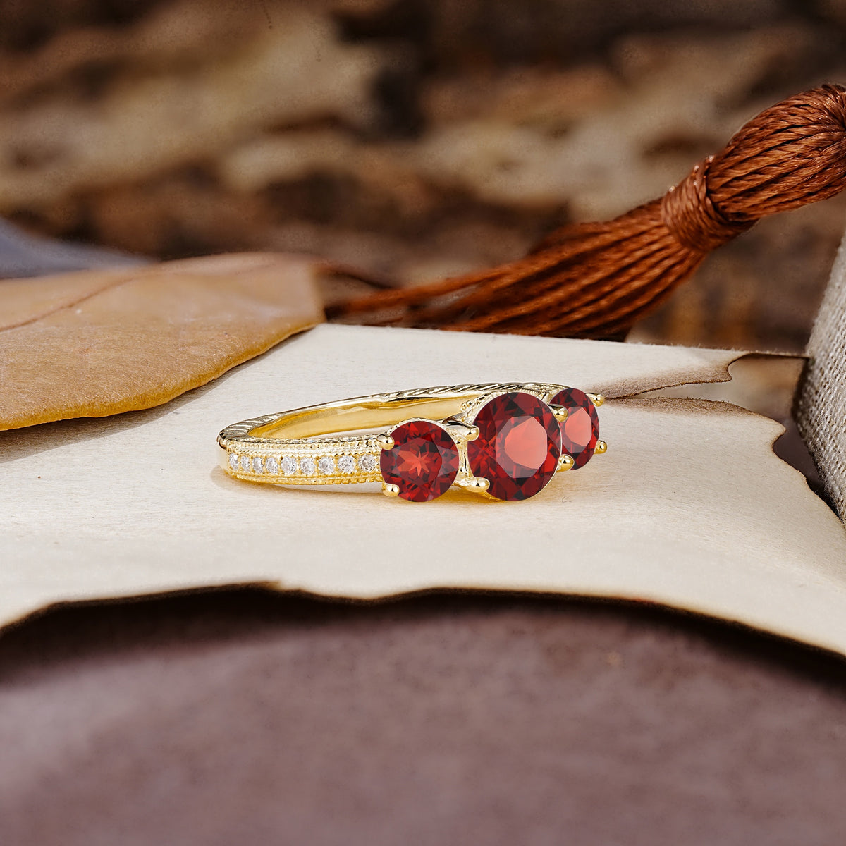 Classic Simplicity 4-Prong Round Cut Garnet Three Stones Wedding Ring - Additional view