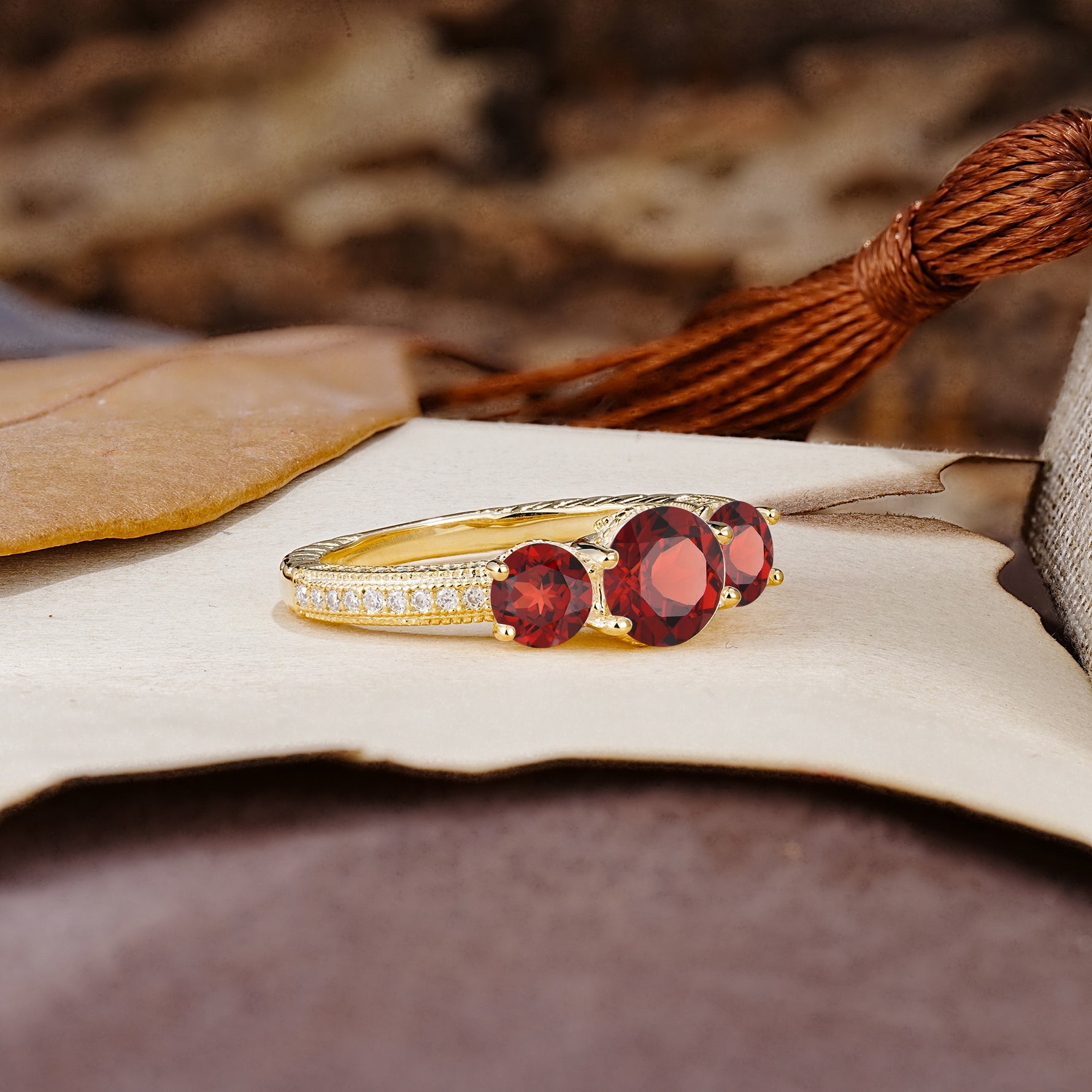 Classic Simplicity 4-Prong Round Cut Garnet Three Stones Wedding Ring - Additional view