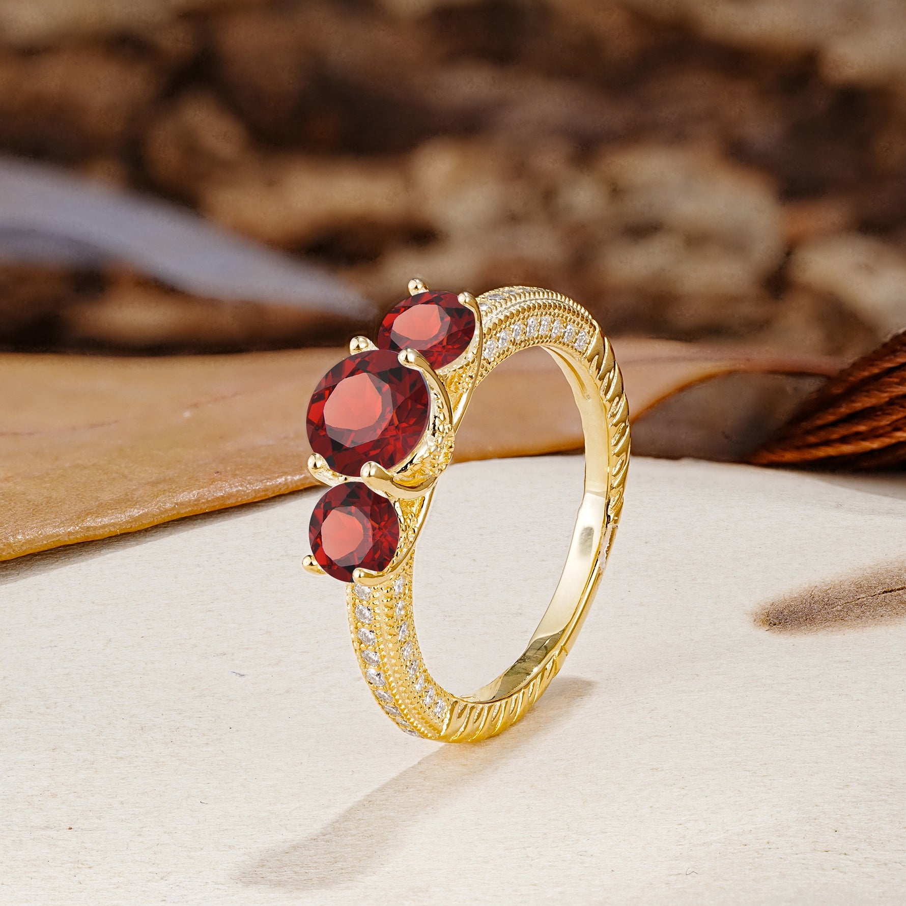 Classic Simplicity 4-Prong Round Cut Garnet Three Stones Wedding Ring - Additional view