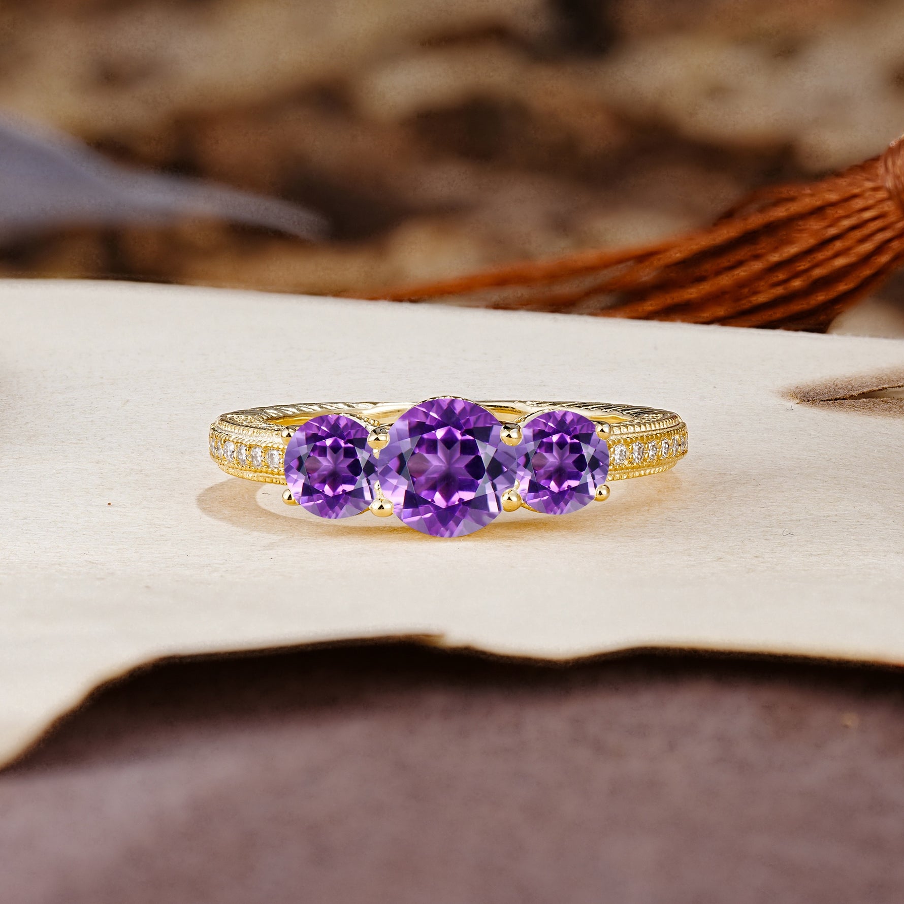 Classic Simplicity 4-Prong Round Cut Amethyst Three Stones Wedding Ring - Additional view
