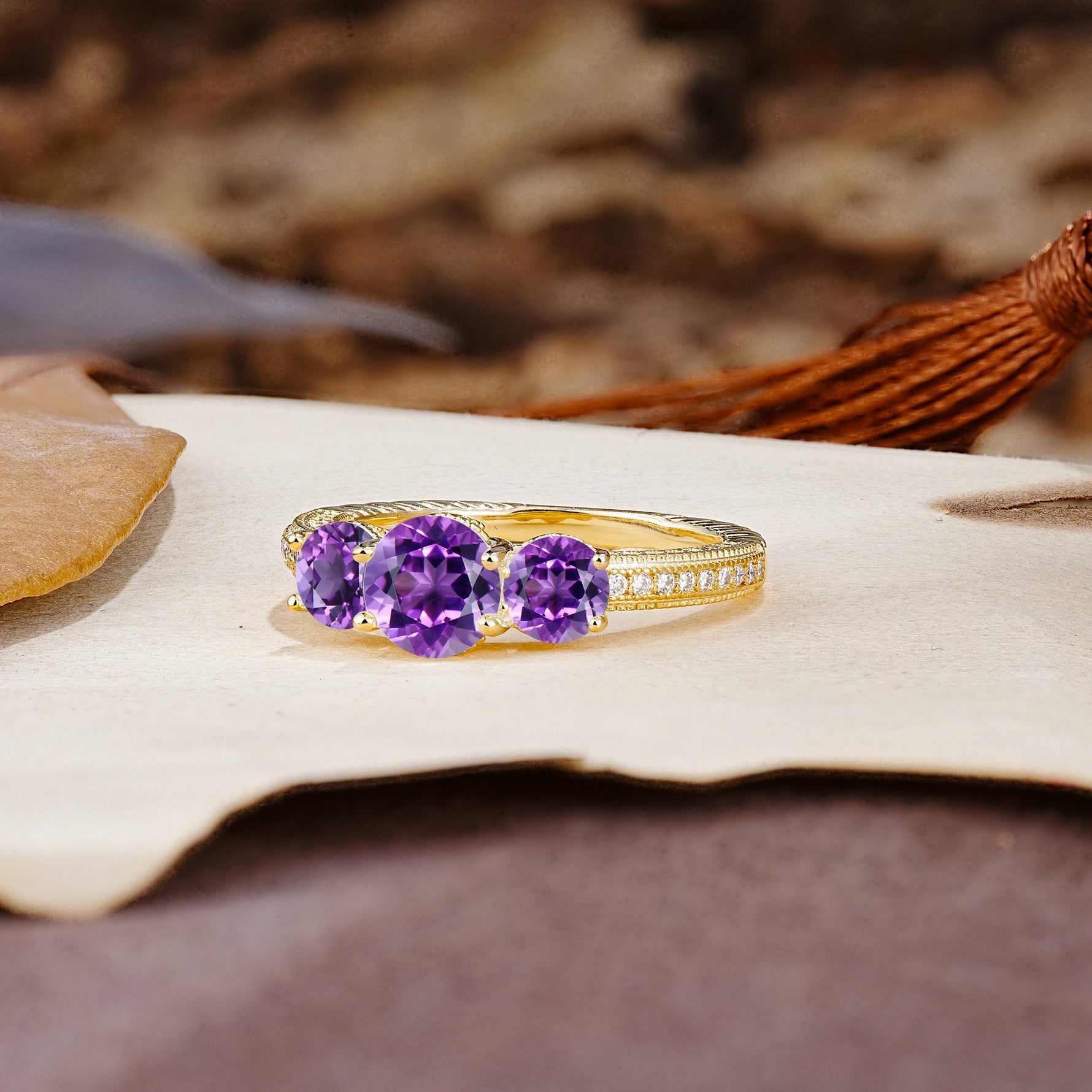 Classic Simplicity 4-Prong Round Cut Amethyst Three Stones Wedding Ring - Additional view