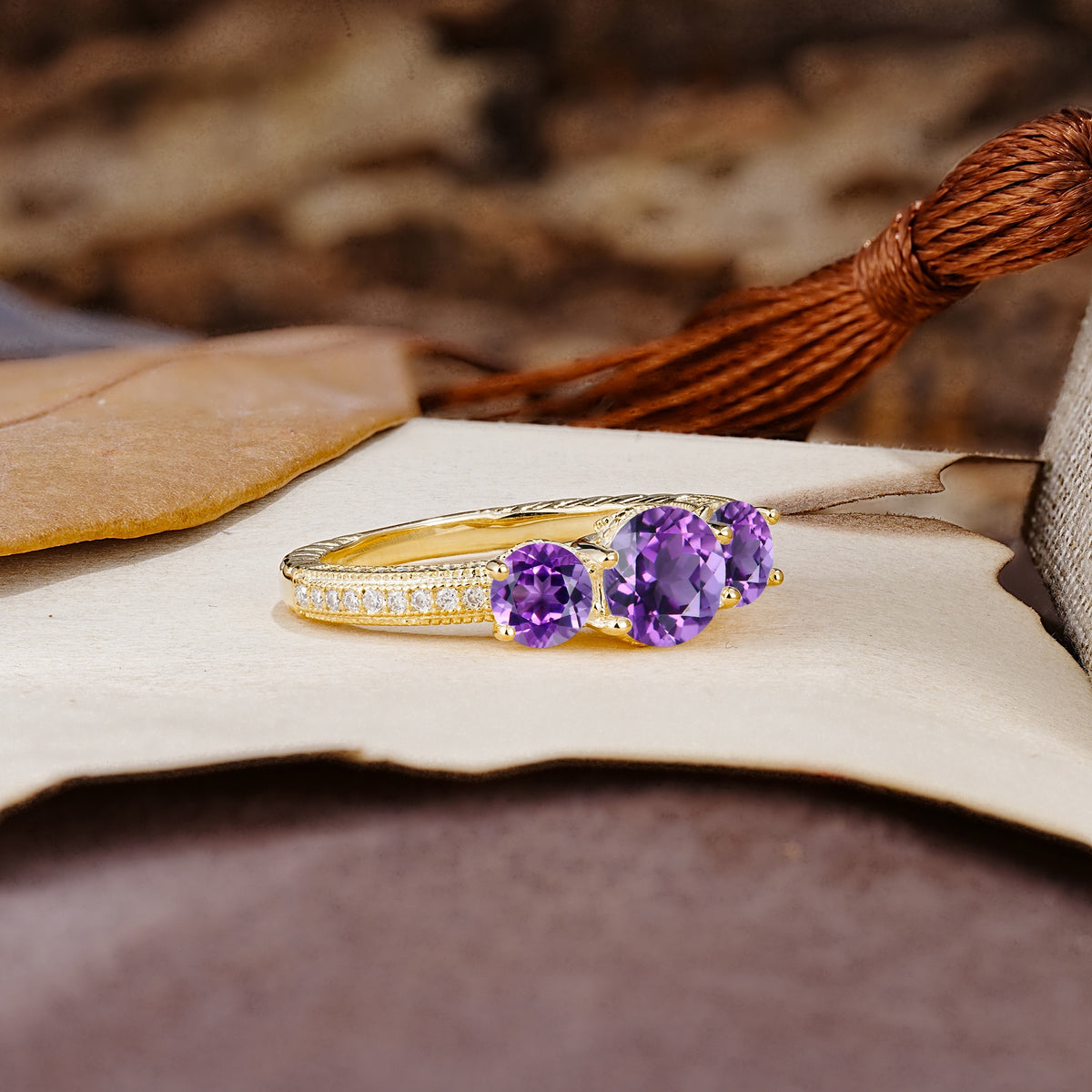 Classic Simplicity 4-Prong Round Cut Amethyst Three Stones Wedding Ring - Additional view