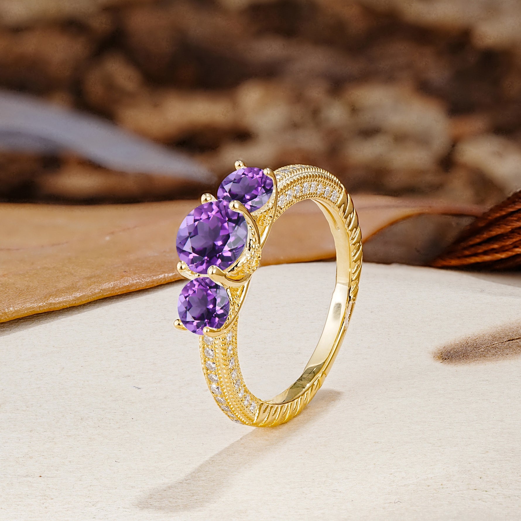 Classic Simplicity 4-Prong Round Cut Amethyst Three Stones Wedding Ring - Additional view