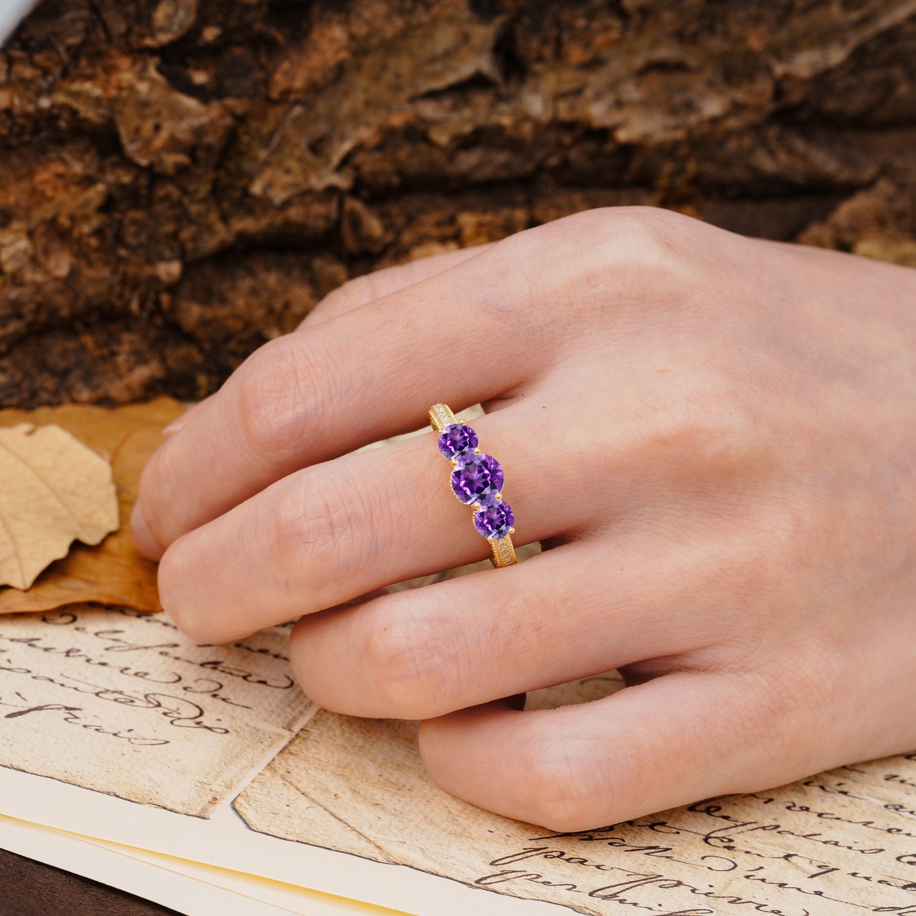 Classic Simplicity 4-Prong Round Cut Amethyst Three Stones Wedding Ring - Additional view