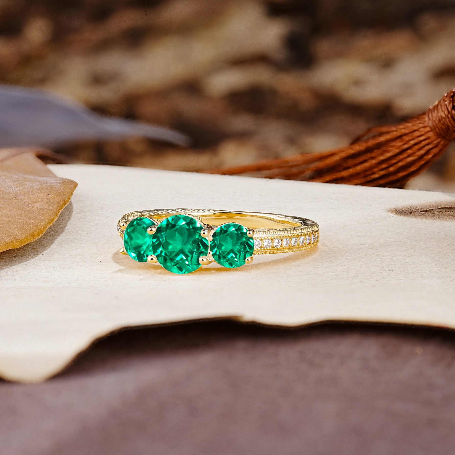 Classic Simplicity 4-Prong Round Cut Emerald Three Stones Wedding Ring - Additional view