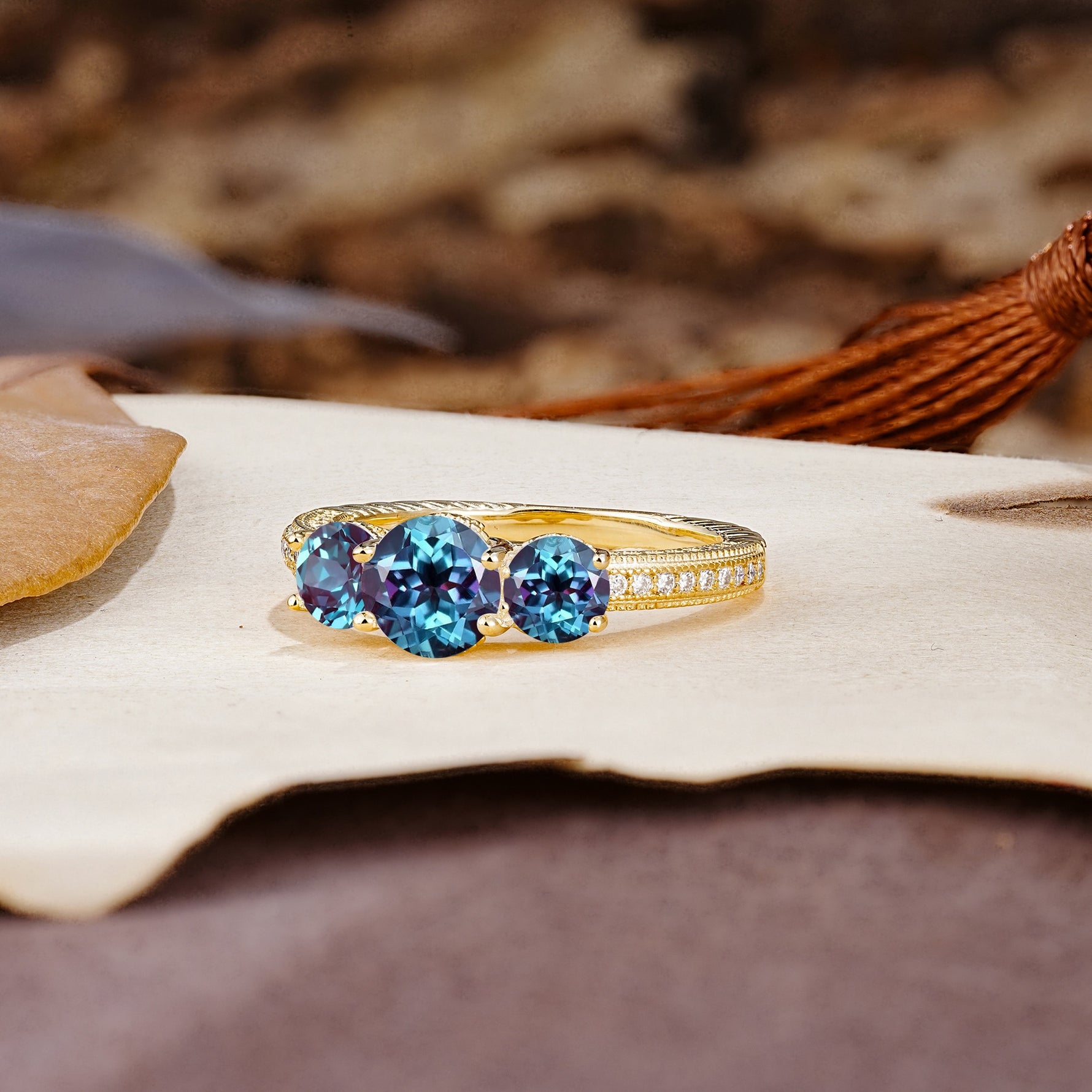 Classic Simplicity 4-Prong Round Cut Alexandrite Three Stones Wedding Ring - Additional view