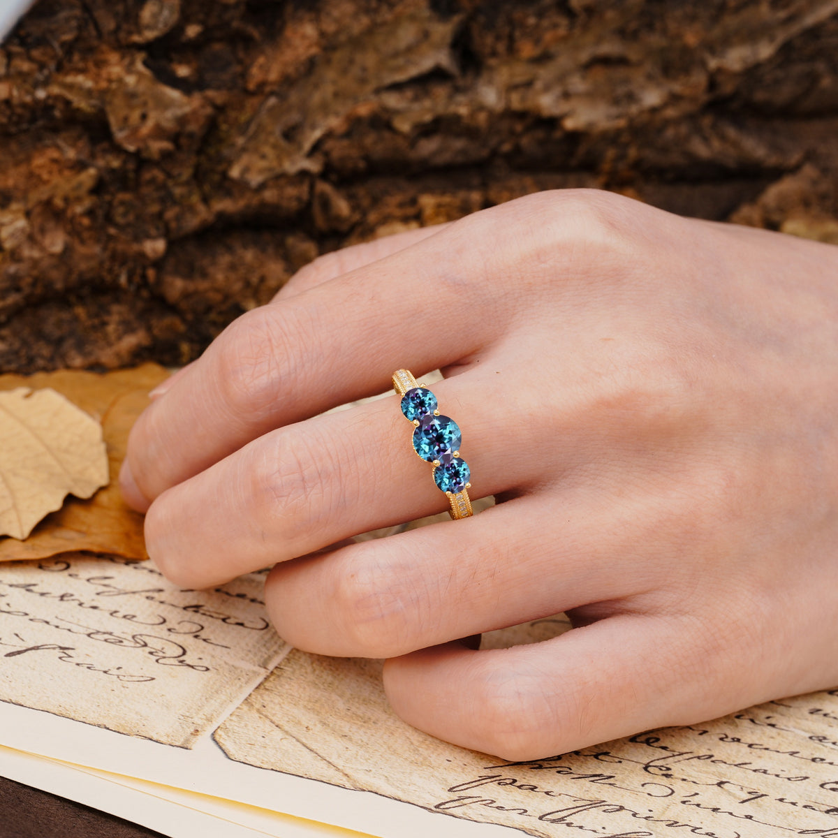 Classic Simplicity 4-Prong Round Cut Alexandrite Three Stones Wedding Ring - Additional view
