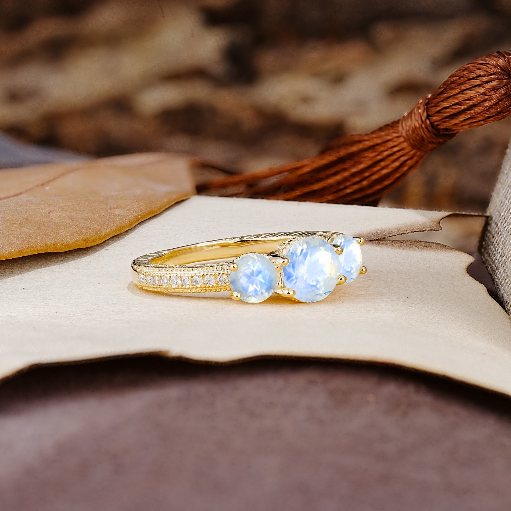 Classic Simplicity 4-Prong Round Cut Moonstone Three Stones Wedding Ring - Additional view
