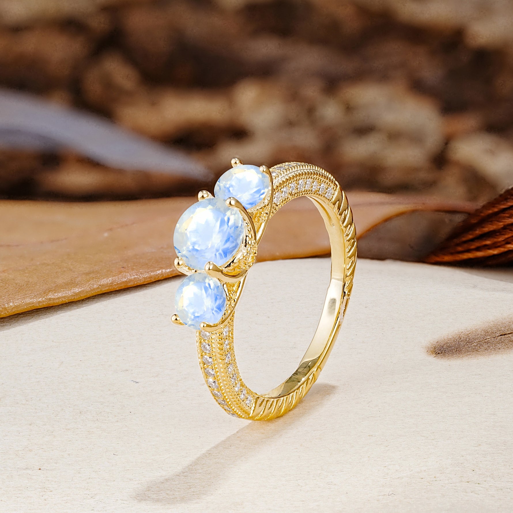 Classic Simplicity 4-Prong Round Cut Moonstone Three Stones Wedding Ring - Additional view
